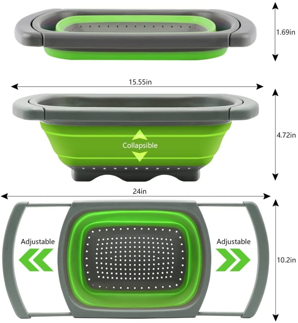 Collapsible Colander, Green Food Strainer Over The Sink Colanders Strainers With Extendable Handles, 6-Quart, Dishwasher-Safe Ki