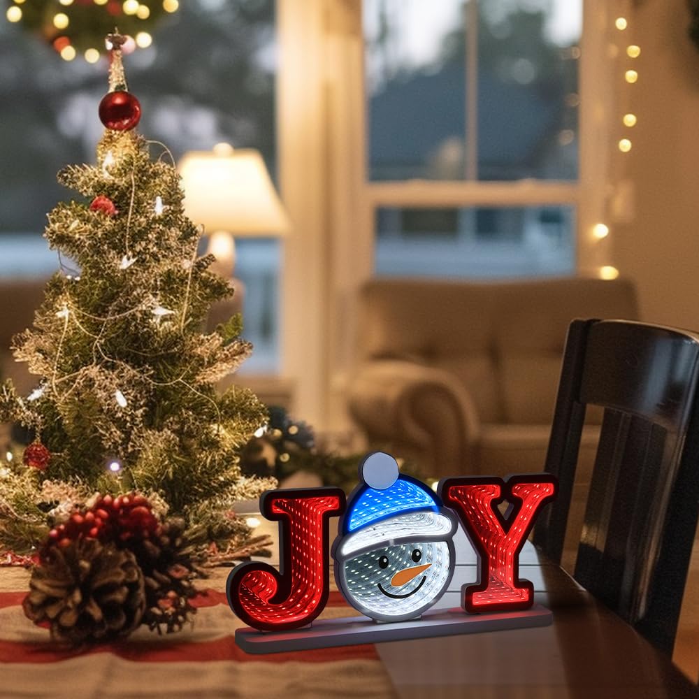 MEETYAMOR Christmas Decorations Indoor, JOY Snowman Infinity Mirror Tunnel Light, Christmas Table Decorations with Endless Exten