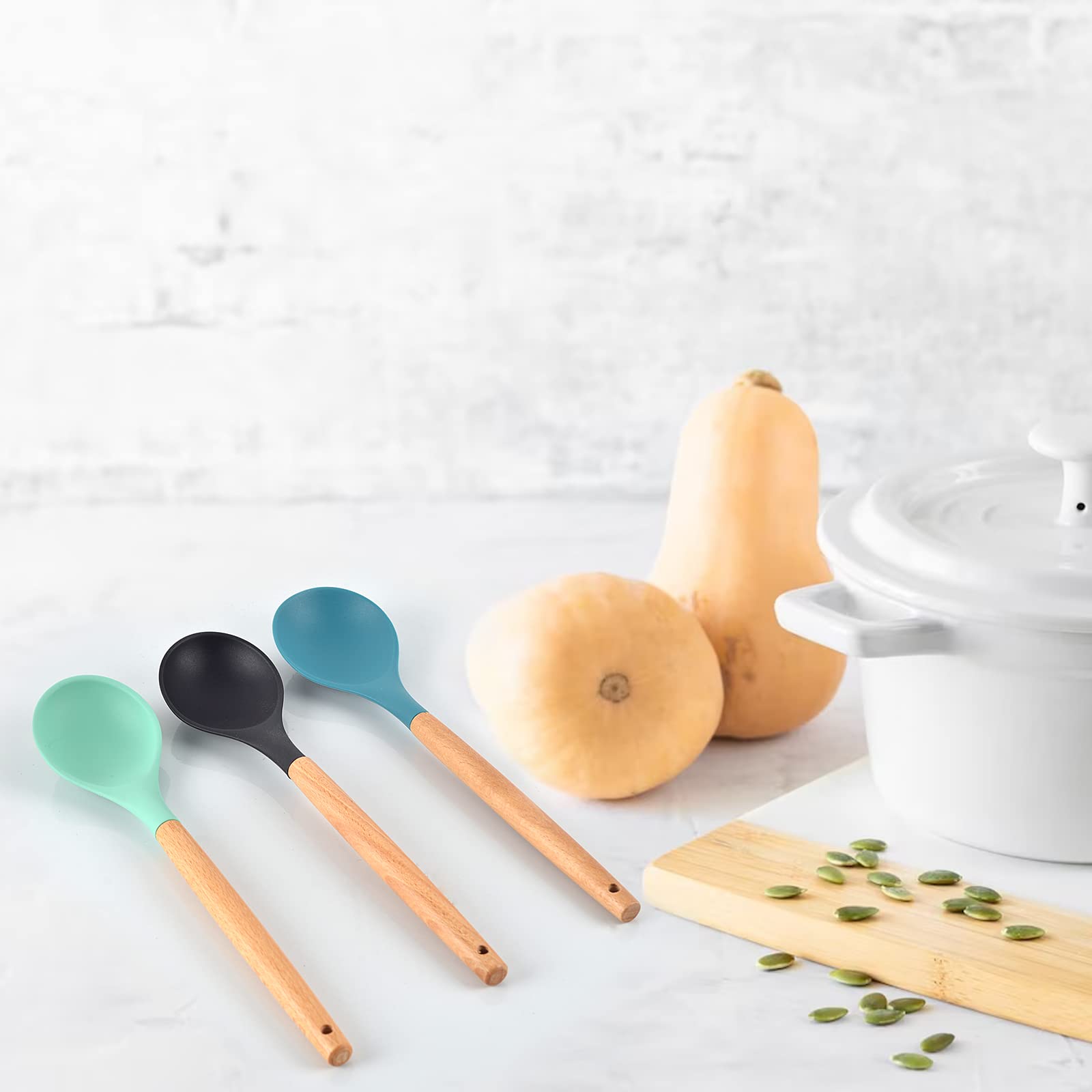 3 Pcs Large Silicone Spoon Wooden Handle Wood Handle Mixing Spoons Silicone Mixing Spoon For Cooking Baking Stirring Silicone Sp