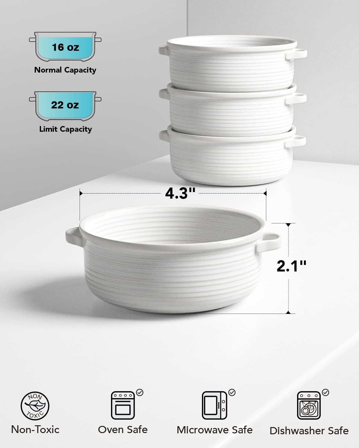 LE TAUCI 22 oz Ceramic Soup Bowls with Handles, Set of 4, White - Ideal for Soup, Chili, and Beef Stew