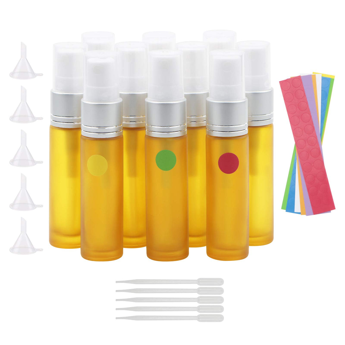 Ellbest 10Ml Empty Glass Spray Bottle Gradient Color Refillable Perfume Container (10Matte Yellow Bottles &5 Droppers &10 Funnel