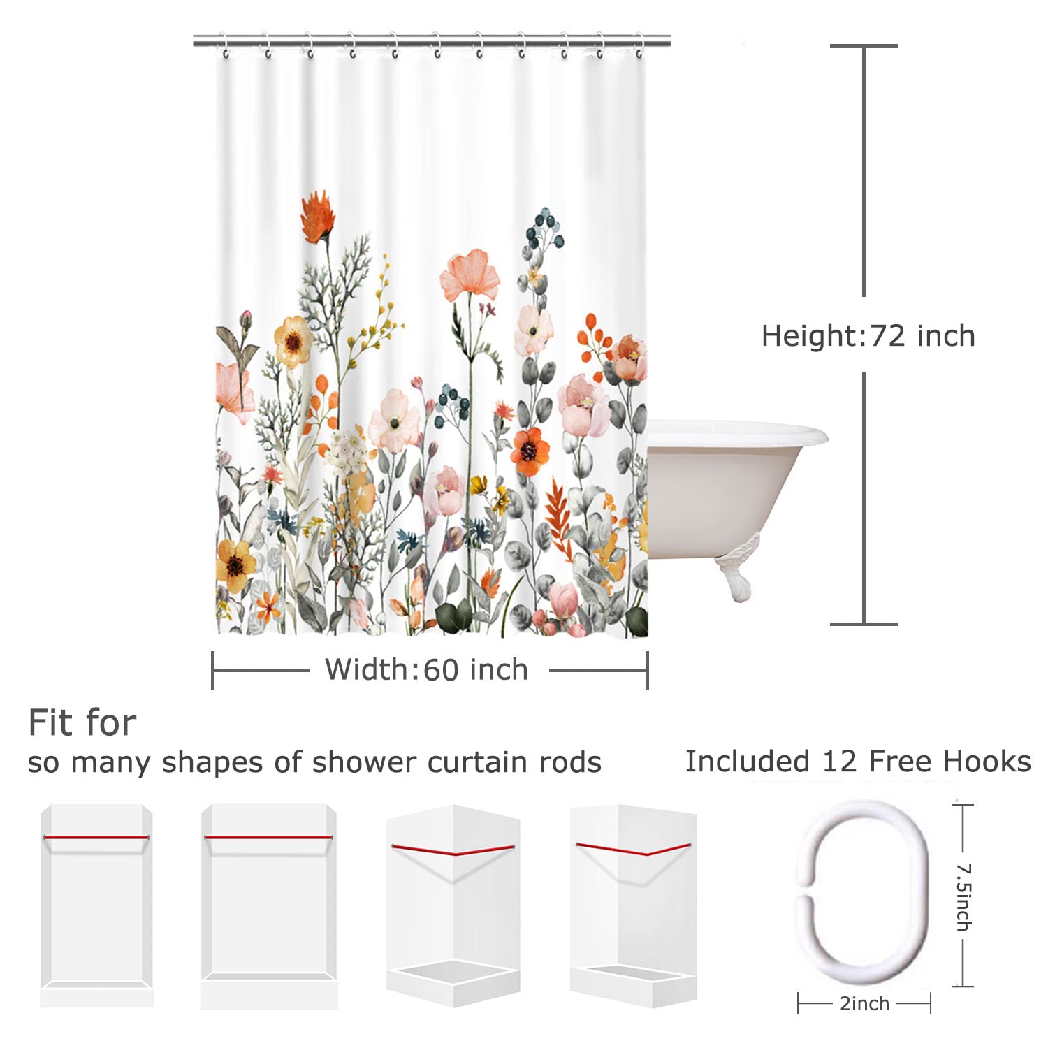 Livilan Floral Shower Curtains For Bathroom Flower Shower Curtain Pretty Shower Curtains Fabric Colorful Wildflower Flowered Sho