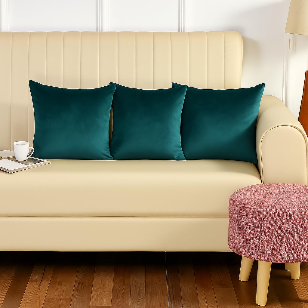 Stuffique Velvet Pillow Solid Plain 190 Tc Cushion Covers Pack Of 3 (12 X 12 Inch) Turquoise