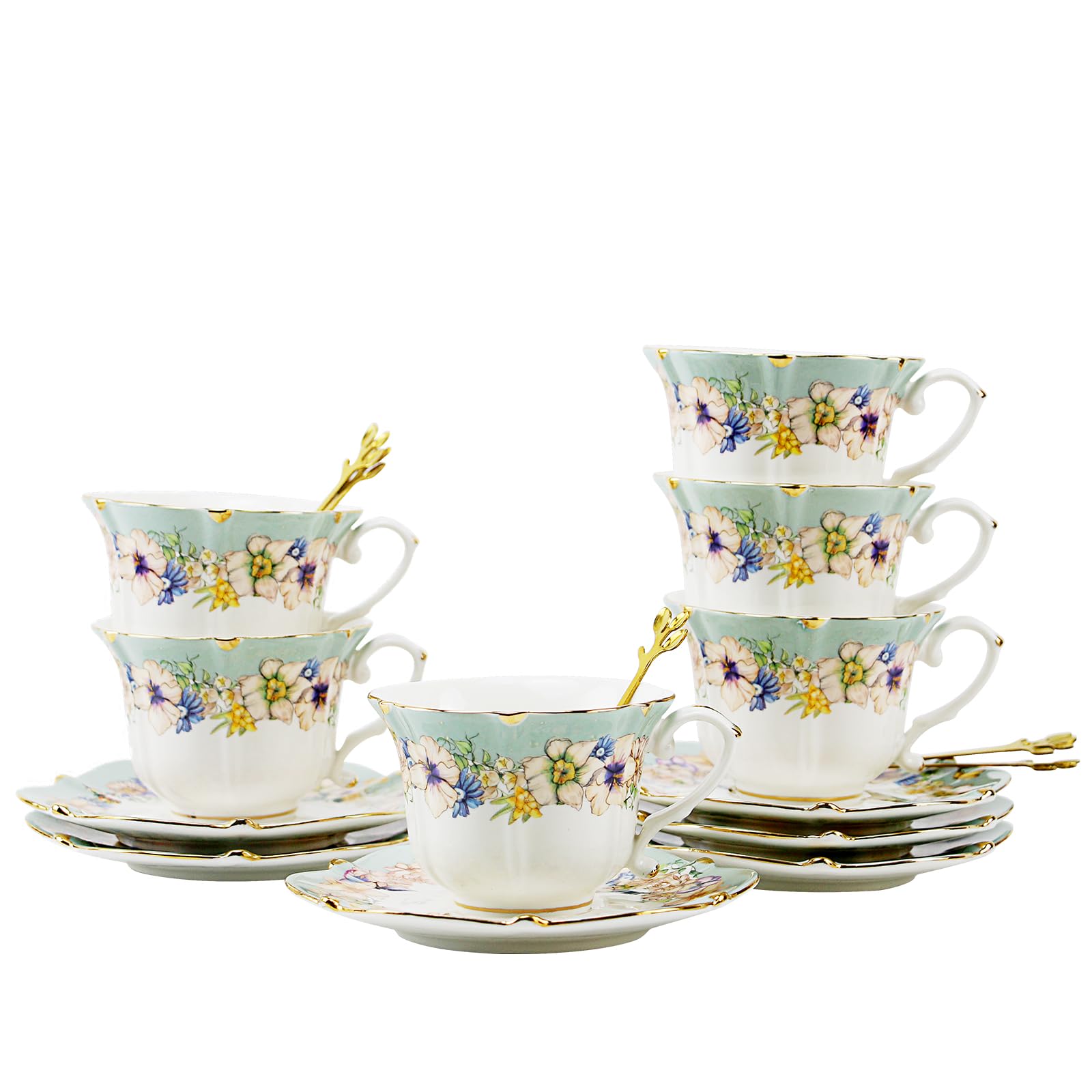 TATSUMI Country Roses 18 Peices Bone China Tea Cup And Saucer Set, English Vintage Tea Cups Of 6 For Women And Tea Party Sets(Du