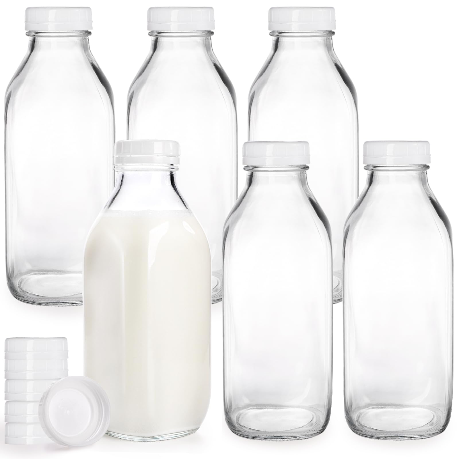 Bekith 6 Pack Liter Glass Milk Bottles with Airtight Screw Lid, 32 Oz Glass Juice Bottles, Reusable Glass Beverage Drinking Jar 