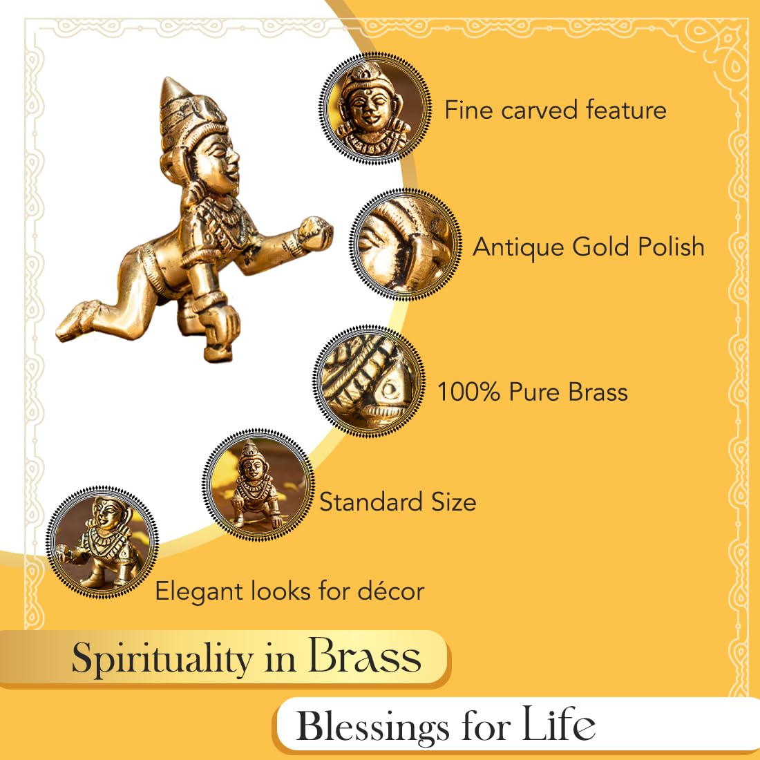 Ekhasa 100% Pure Brass Bal Gopal Murti (Size: 8.4 cm) | Laddu Gopal Murti for Pooja Room | Baby Krishna Idol for Home | Bal Kris
