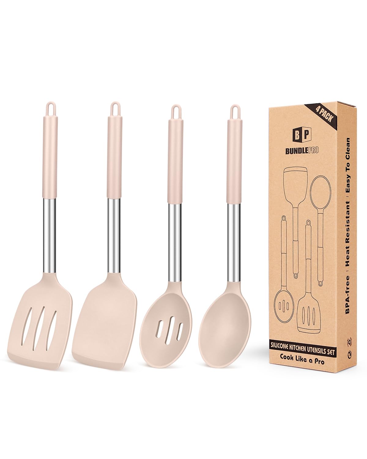 Pack of 4 Silicone Cooking Utensils Set, Non Stick Large Solid Spatulas, Heat Resistant Stainless Steel Khaki Slotted Spoons, Id