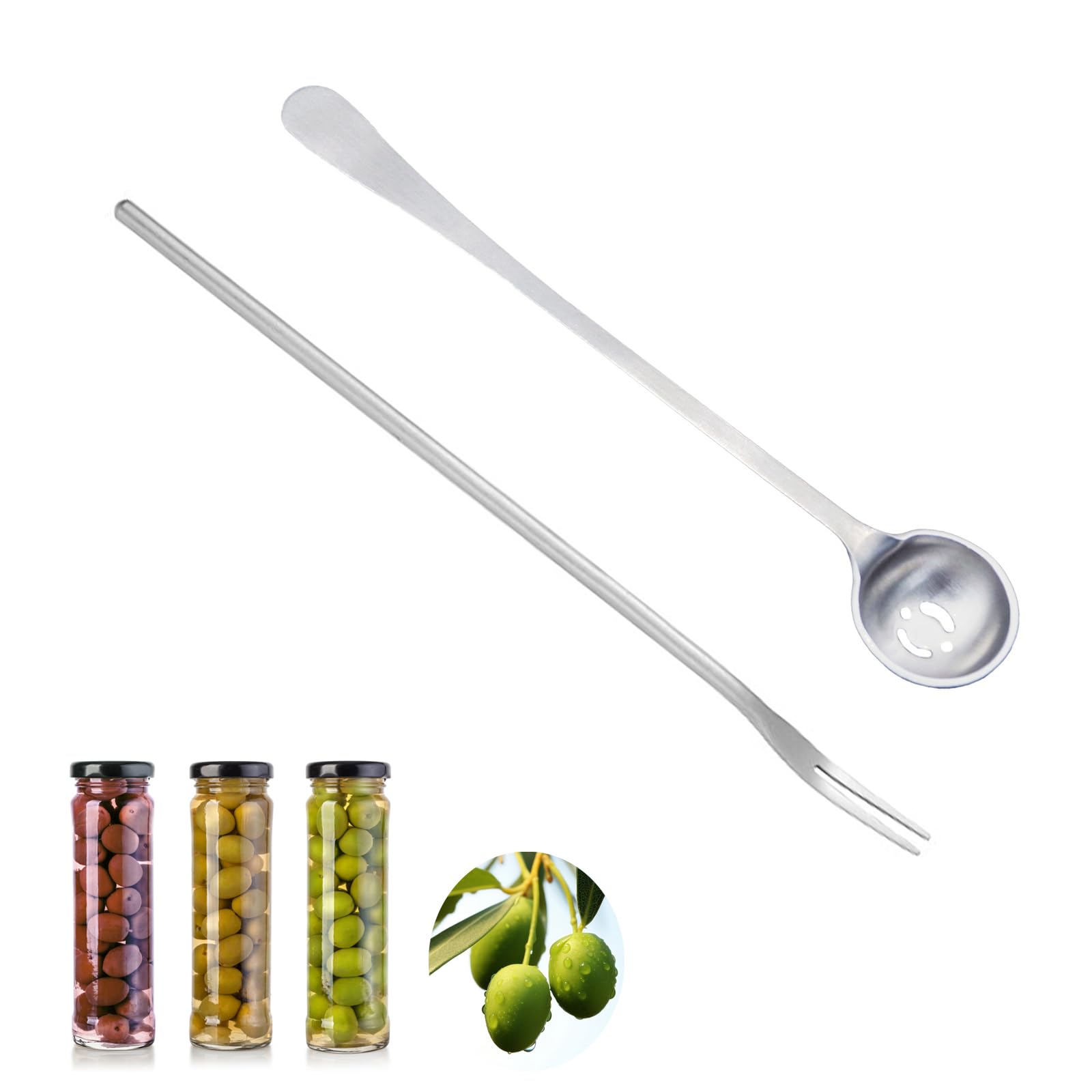 2 PCS Olive Spoon and Pickle Fork, 7.5 Inch Olive Spoons with Holes, 8.6 Inch Pickle Forks for the Jar, Stainless Steel Long Han