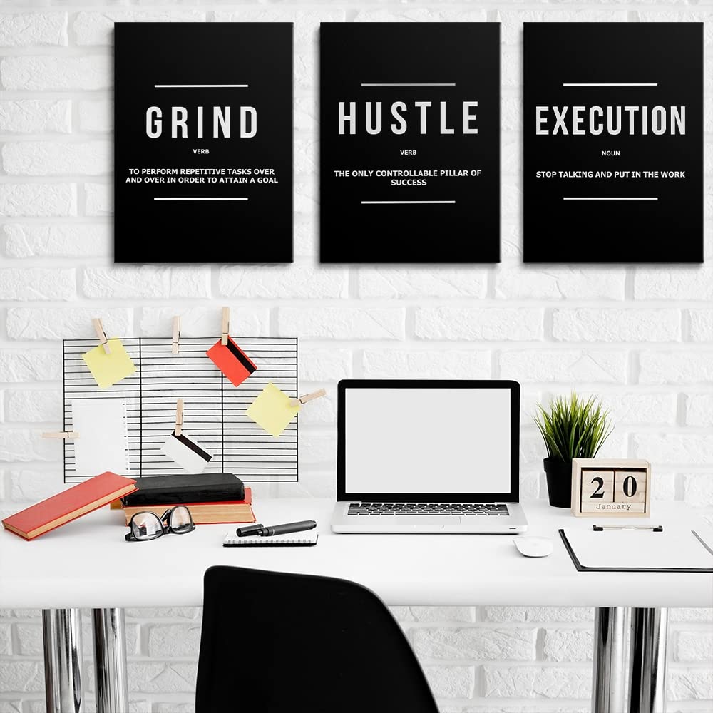 Gubiyu Hustle Grind Execution Wall Art Set Of 3 Framed Canvas Black Motiviational Wall Art Home Office Wall Decor Inspirational