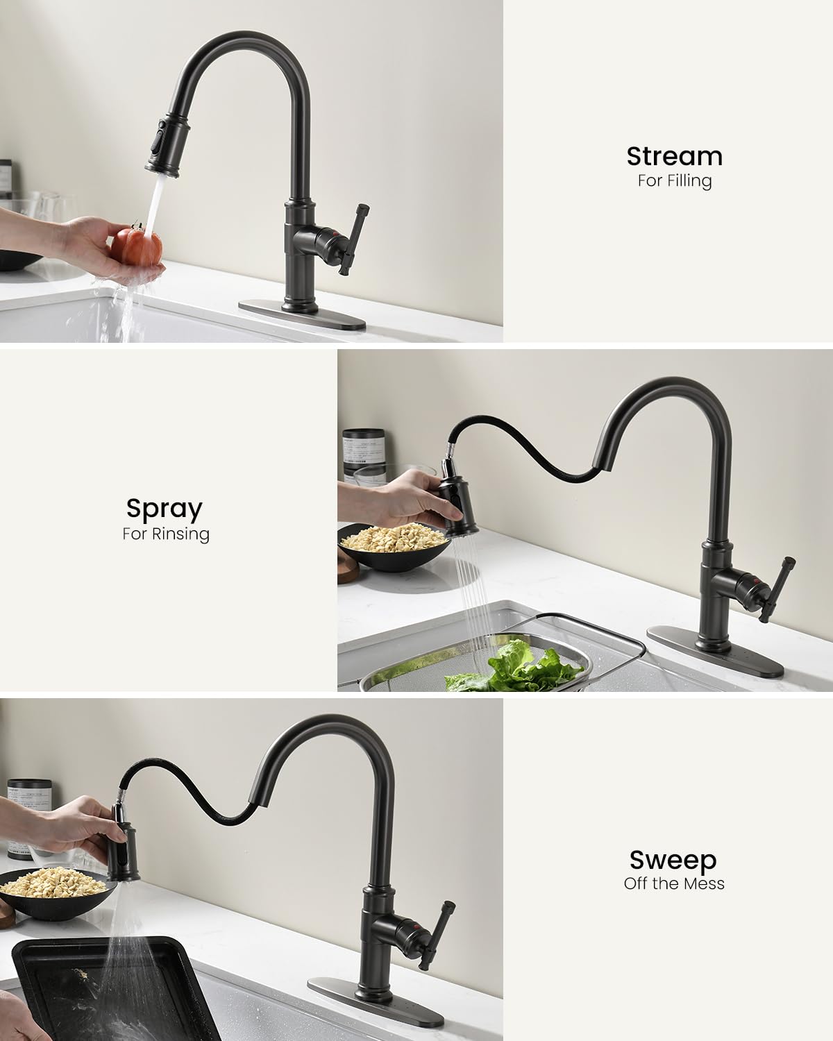 Black Stainless Kitchen Sink Faucet With Pull Down Sprayer, Dayone Single Handle 1 Hole High Arc Flow 360 Swivel Kitchen Faucets