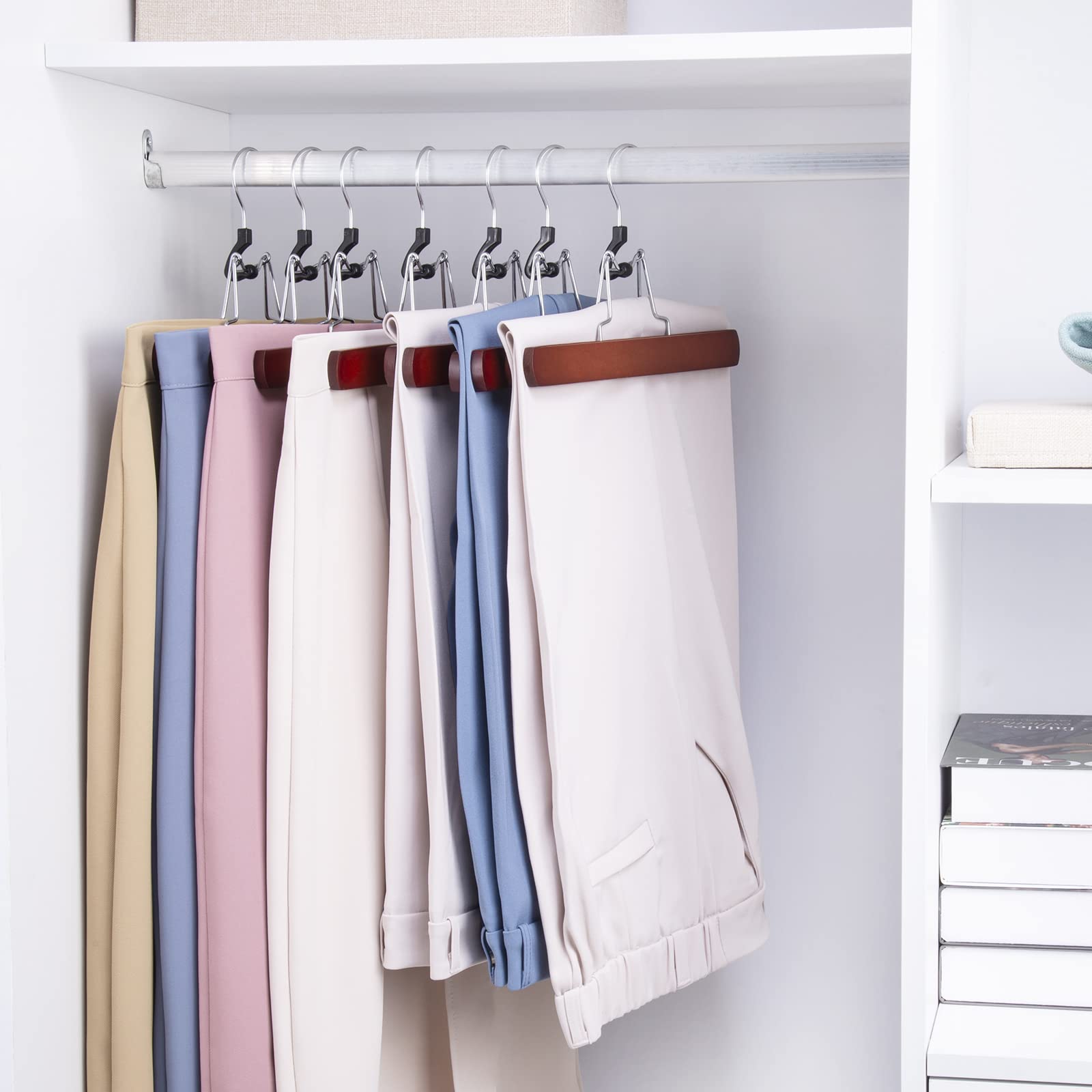 Nature Smile Wooden Non Slip Pants Skirt Hangers, Smooth Finish Solid Wood Jeans Slack Clamp Hangers Hair Extension Hangers (20