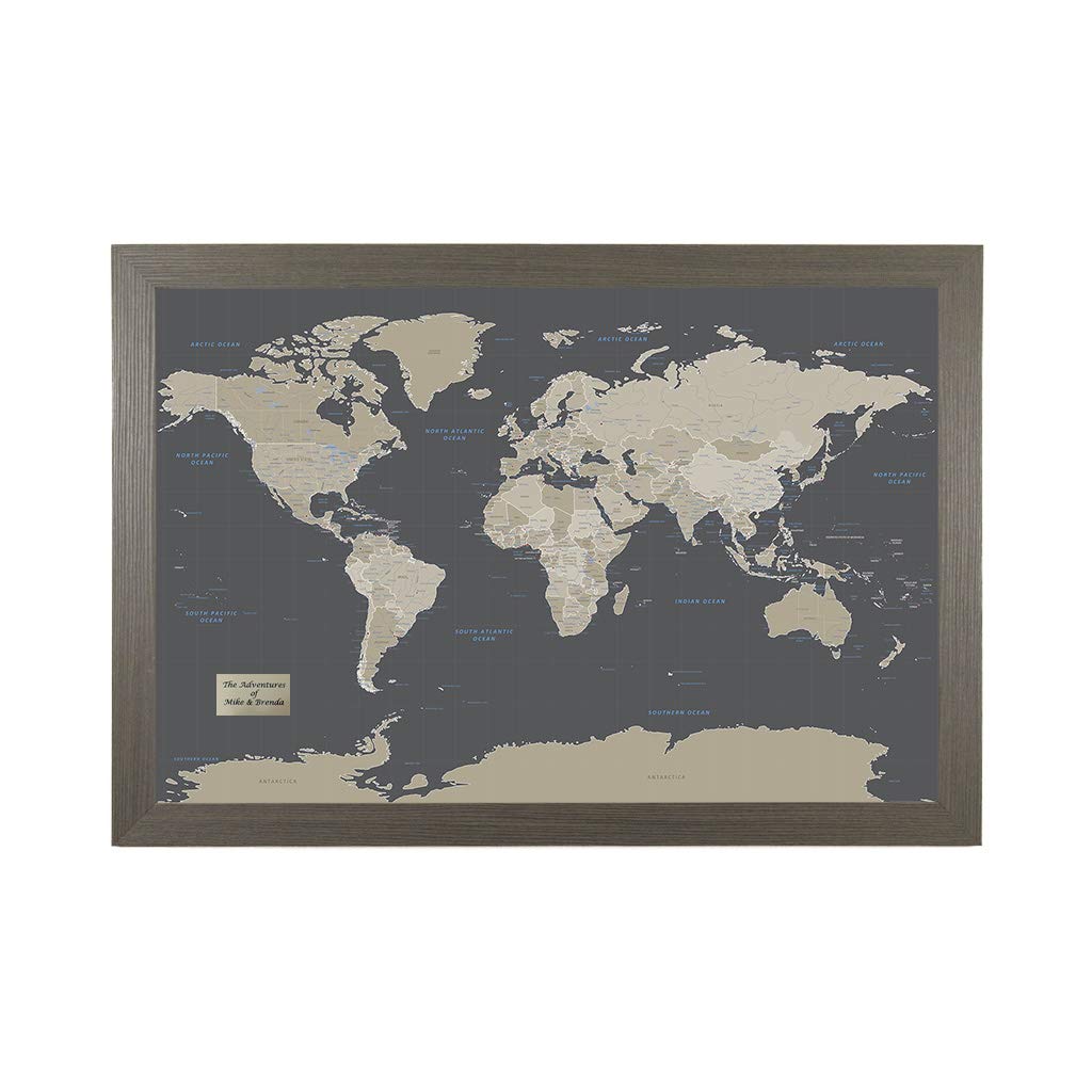 Personalized Earth Toned World Push Pin Travel Map With Barnwood Gray Frame And Pins - 27.5 Inches X 39.5 Inches