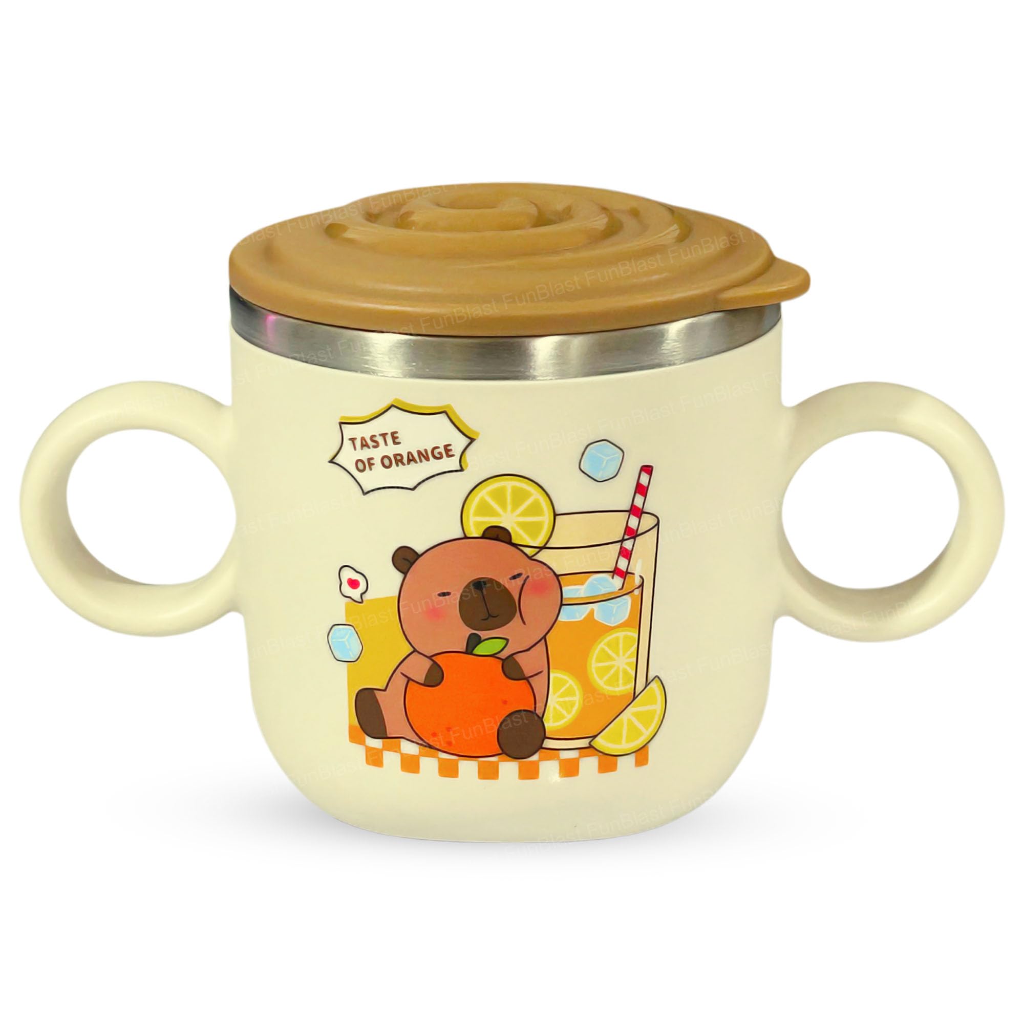 Funblast Milk Mug For Kids 260 Ml  Cartoon Design Cup With Lid For Kids, Sus 316 Bpa Free Mug For Kids & Toddlers, Double Wall 