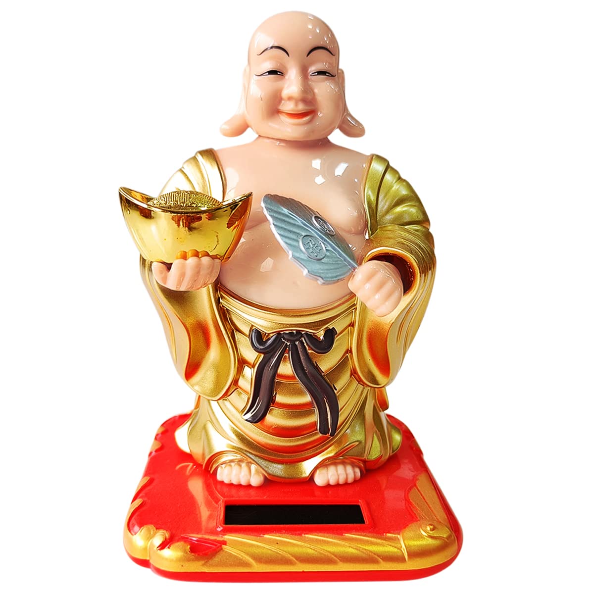 Shubhanjali Feng Shui Waving Fan and Ignot with Solar Laughing Buddha Statue for Home Decor Items Car Dashboard Accessories Gift