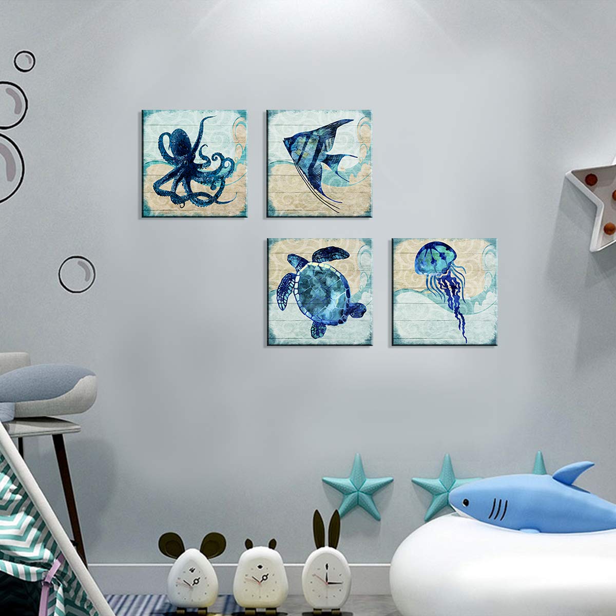 Teal Ocean Animal Bathroom Wall Decor Aqua Blue Octopus Turtle Wall Art Sea Fish Angelfish Canvas Print Mediterranean Style Pain