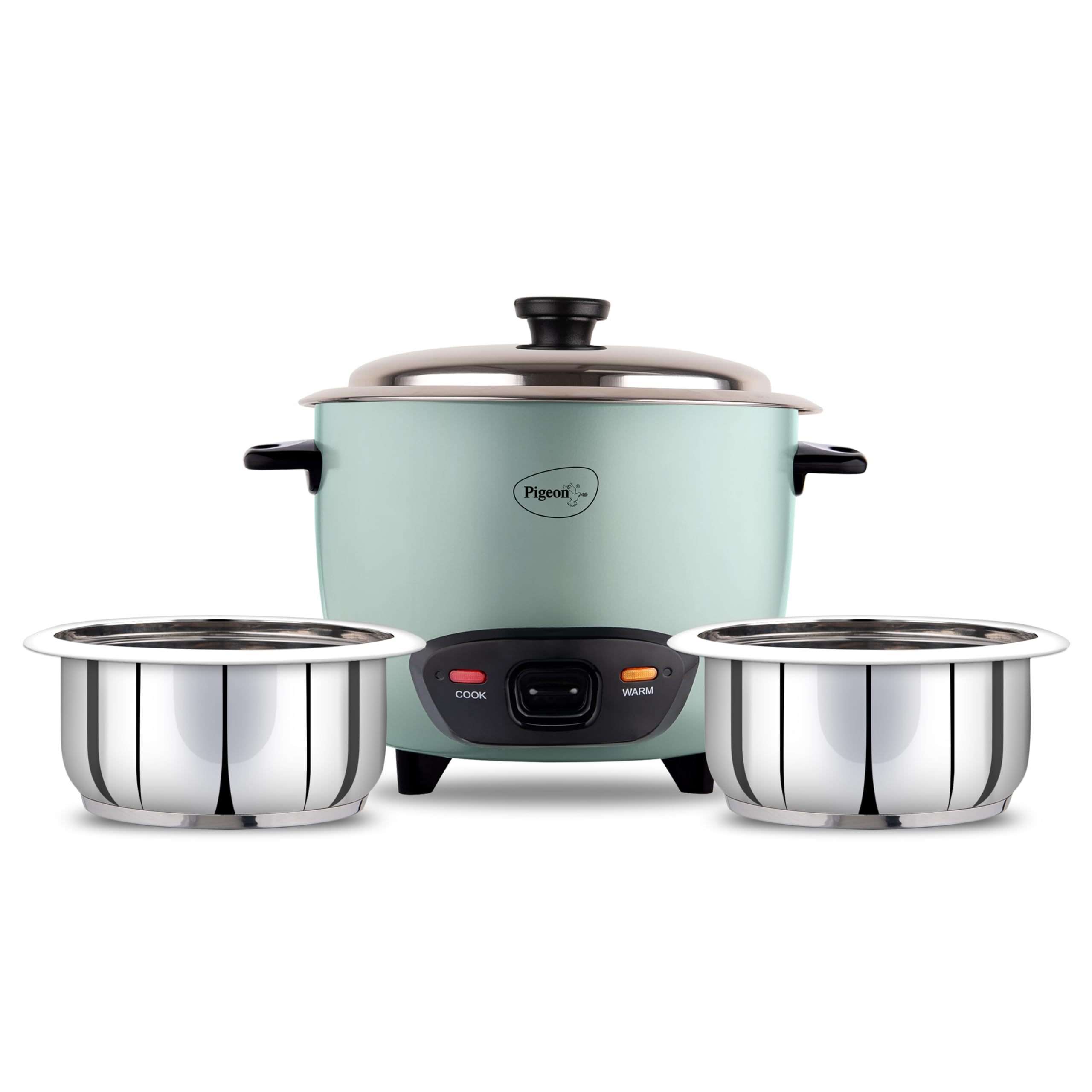 Pigeon Inox Rice Cooker With Double Pot, 1.8 Litres | Stainless Steel Lid | 700 Watts | 2 Steel Cooking Pot | Measuring Cup | Sp
