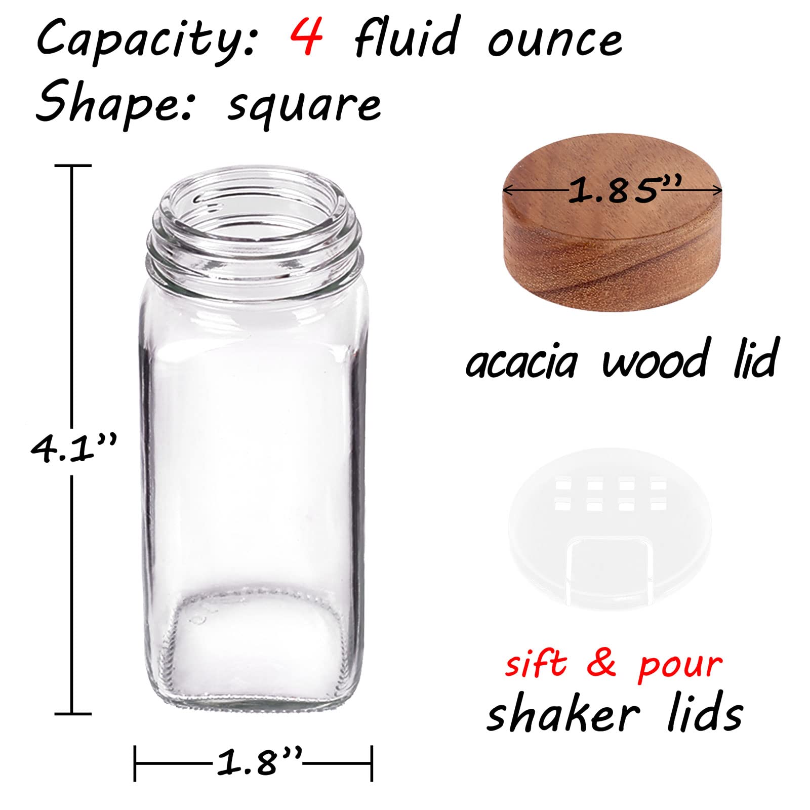 Churboro 36 Glass Spice Jars With 547 Labels With Shaker Lids - 4 Oz Square Spice Containers With Acacia Wood Lids, Chalk Pen, F