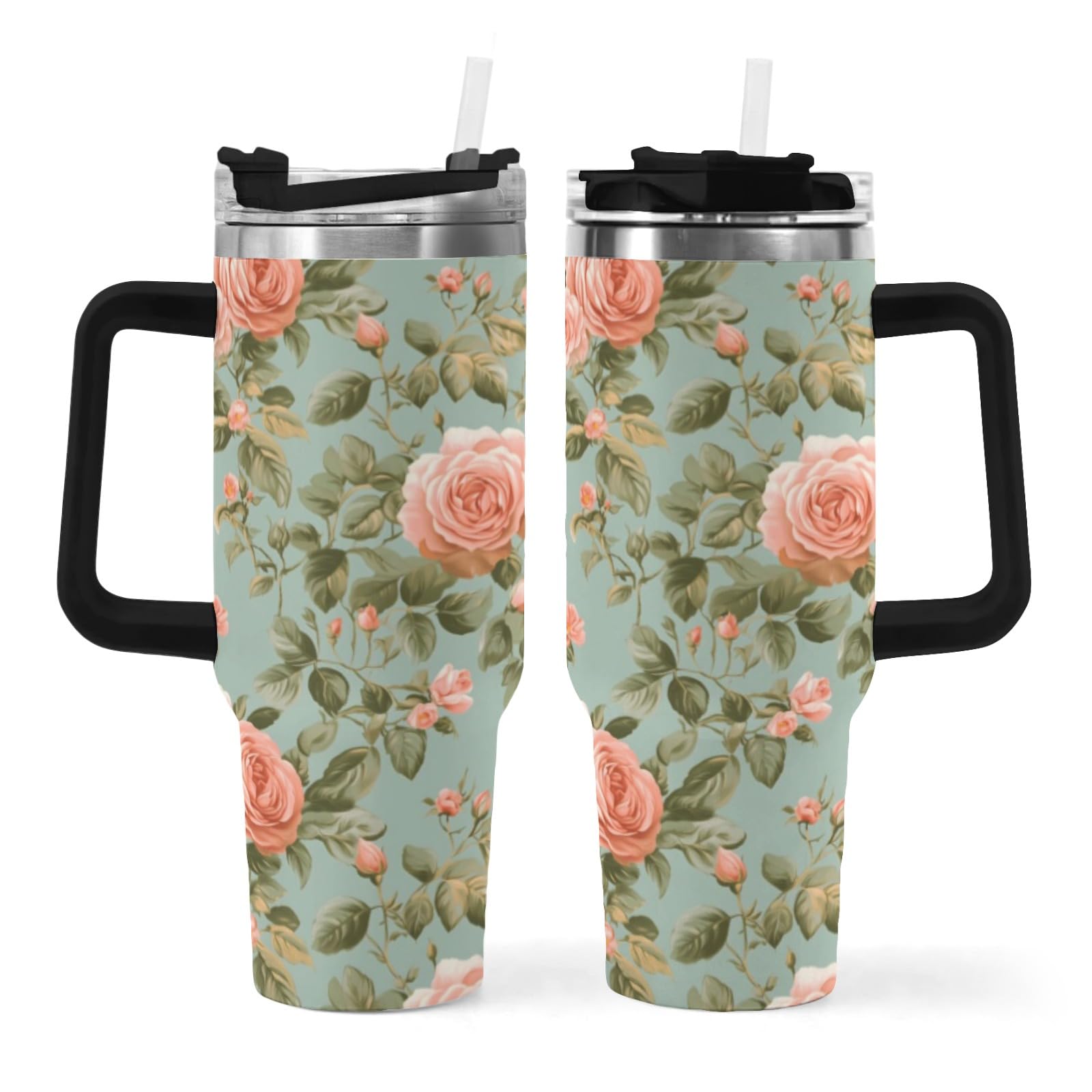 XMDZH Vintage Rose Flower Tumbler with Lid And Straw 40oz Floral Rose Stainless Steel Cup Insulated, Women Gifts Large Capacity 