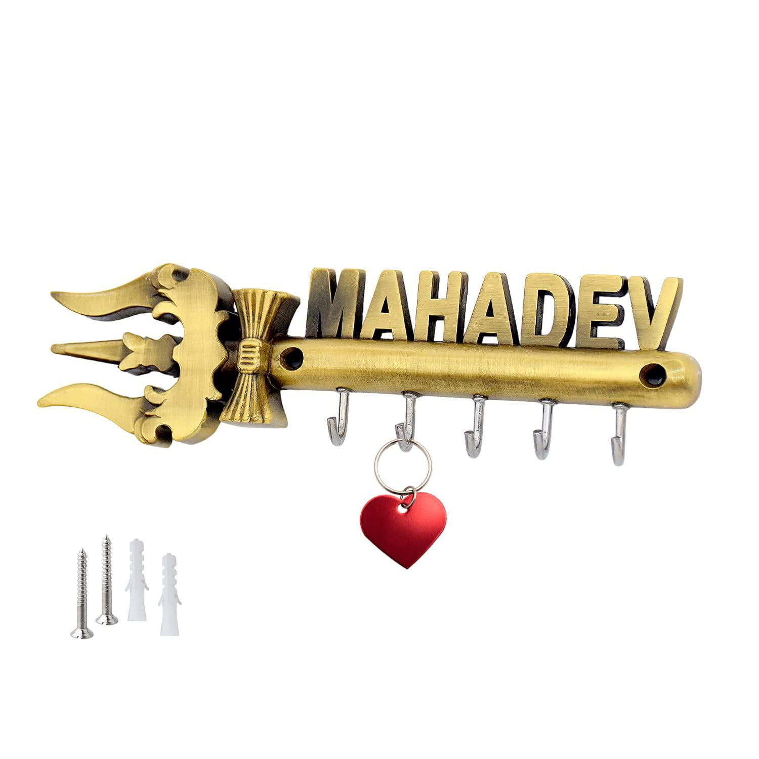 Indeed Mahadev Shiva Trishul Key Holder | Mahakal Key Stand & Antique Brass Metal Trident Wall Mount Hanger (TRISHUL with MAHADE