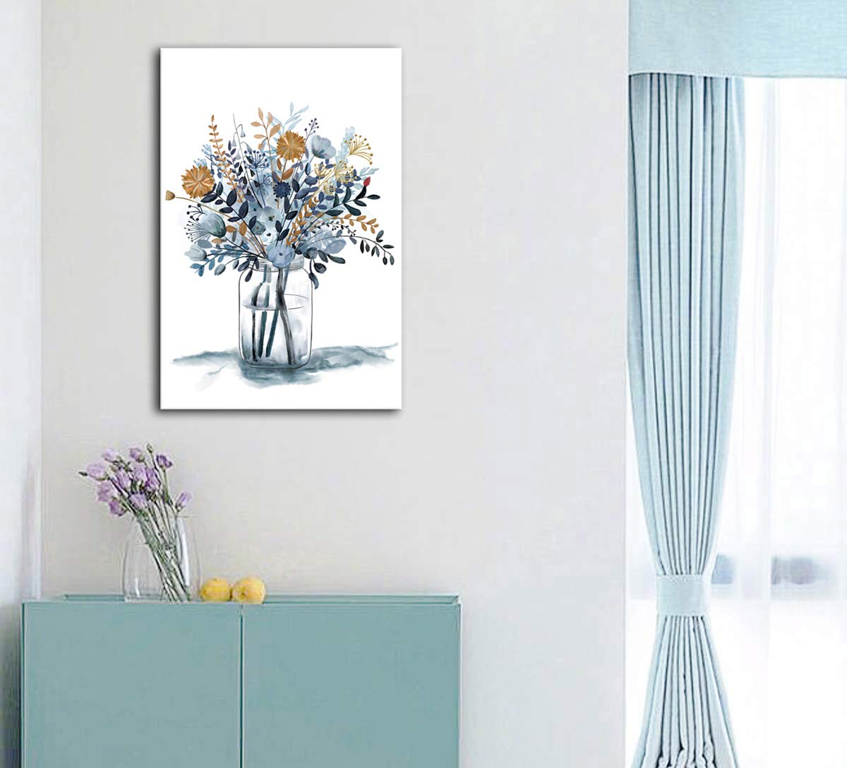 Navy Blue Flowers Canvas Wall Art Bedroom Wall Decor Minimalistic Bouquet Canvas Pictures Blossom Watercolor Artwork Indigo Floral Canvas Prints for Living Room Bathroom Home Office Decoration 24X36IN