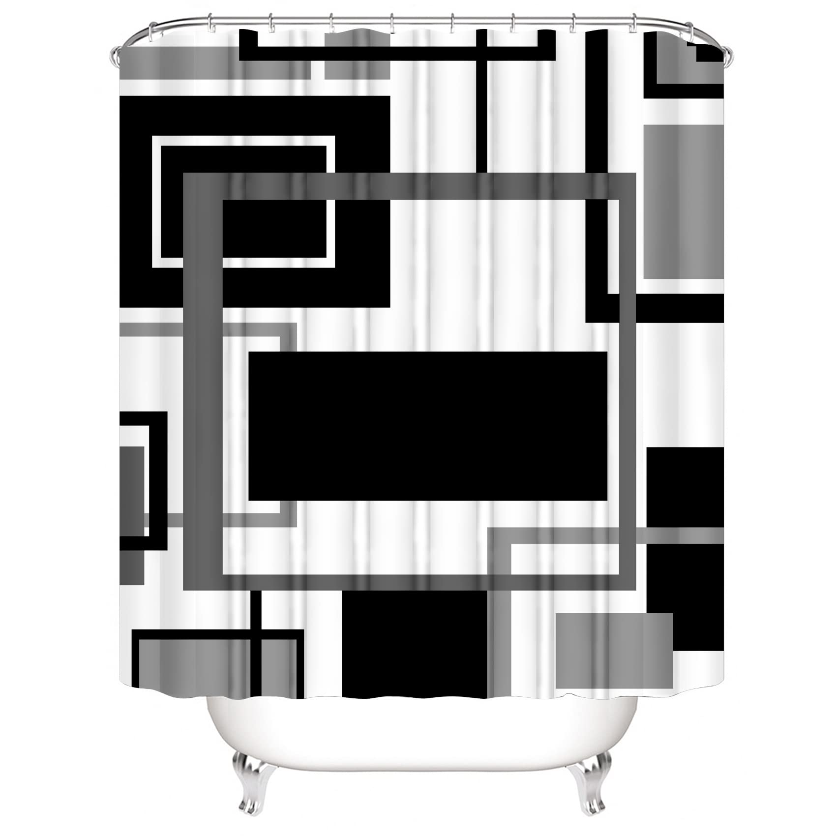 Yddsky 4 Pcs Black Geometric Shower Curtain Sets Non-Slip Bath Rugs  Toilet Cover  U-Shaped Mat  Abstract Geometric Modern Shower Curtain with 12 Hooks  Black and White Bathroom Set