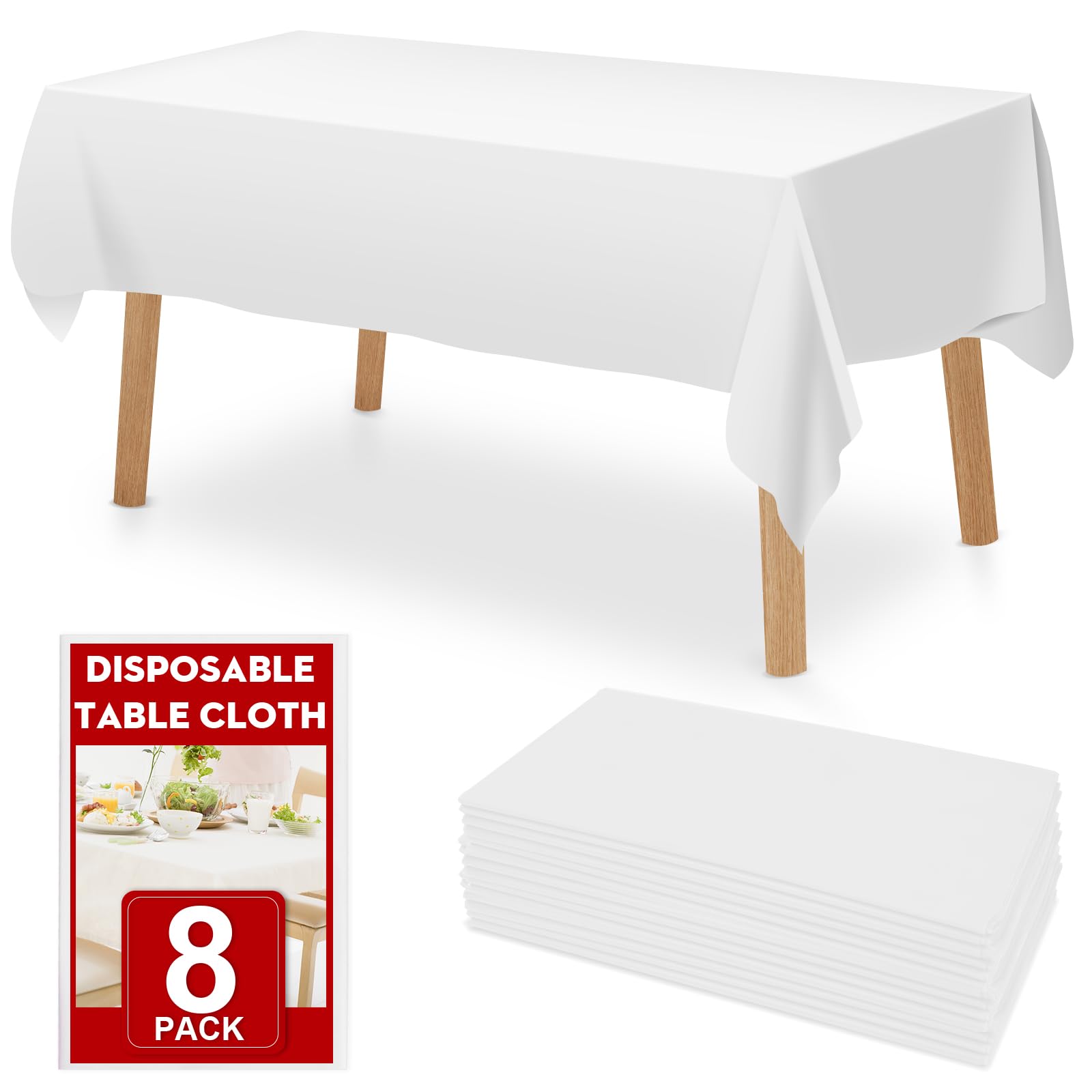 RowinsyDD 8 Pack White Plastic Table Cloths Disposable, 54 x 108 Inches Plastic Table Cover for Rectangle Tables, Disposable Tab