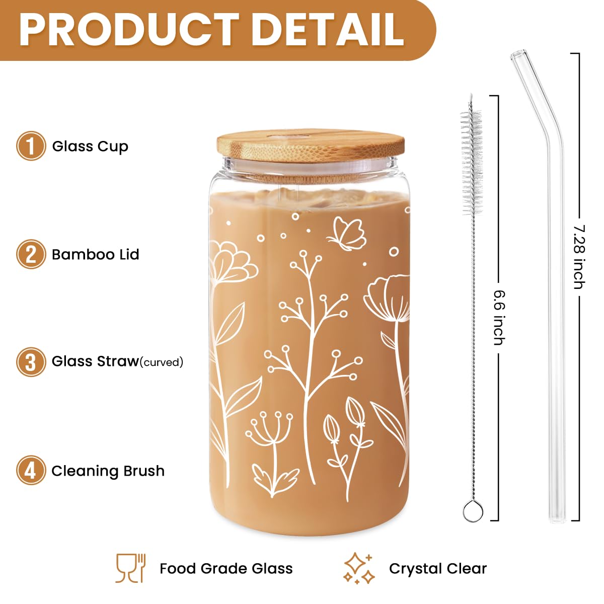 Floral Cup 16 Oz Can Glass with Bamboo Lid and Straw - Flower Glass Cup Gifts for Women - Wildflower Drinking Coffee Gifts