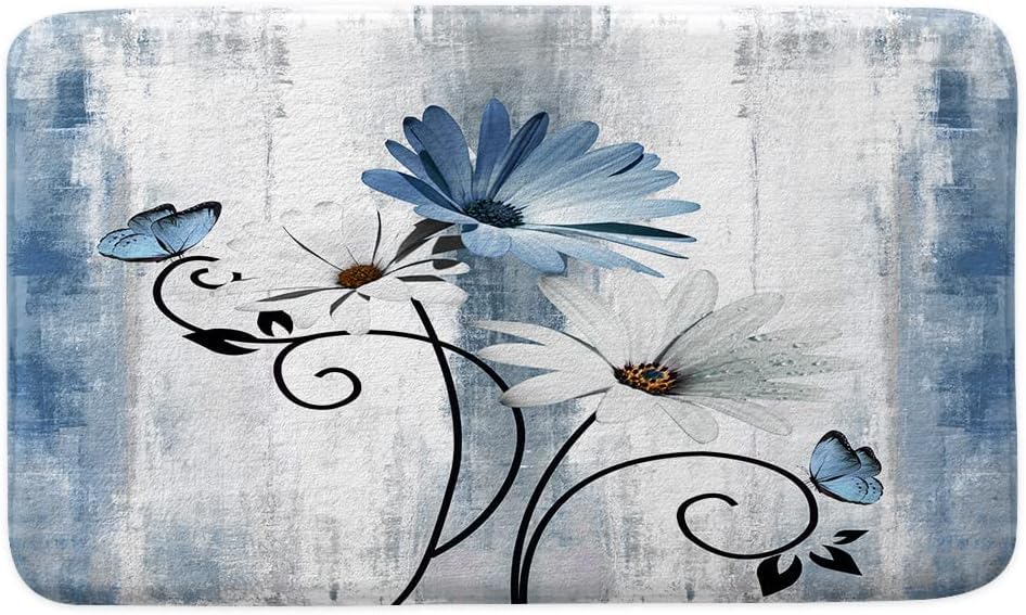 Veivian Rustic Farmhouse Bath Mat, Farm Blue Daisy Floral Flowers Butterfly Country Wooden Bath Rug For Bathroom, Grey White Bat
