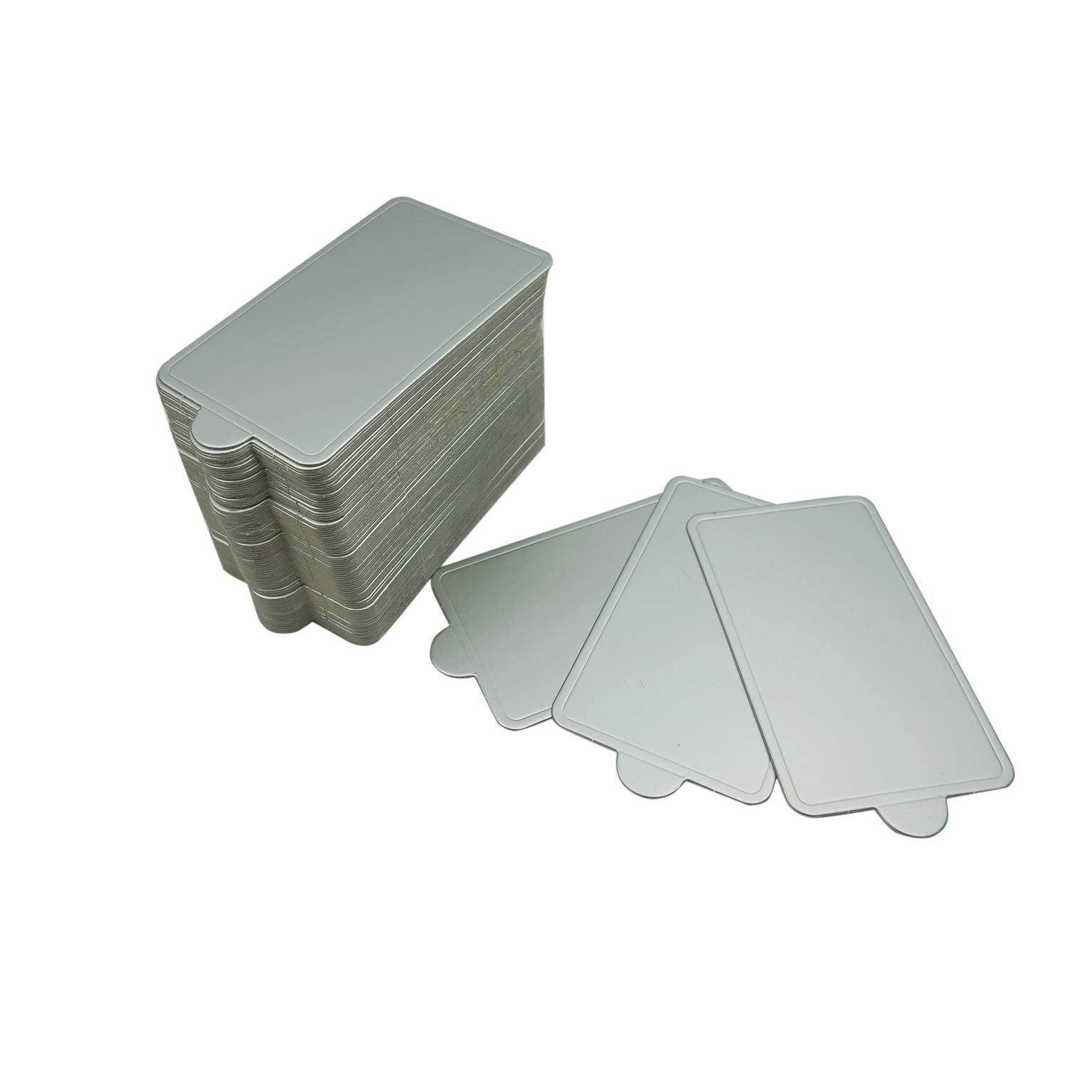 Proshopping 100 Pcs 4.25''X2.36'' Mini Cake Boards, Rectangular Silver Mousse Cake Cardboard Set, Cupcake Cake Base, Dessert Dis