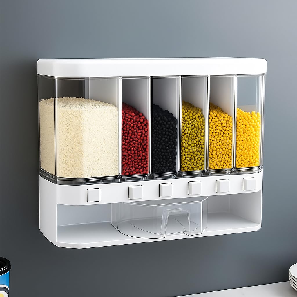 Lumevo SixGrid Cereal Dispenser | 10L Dry Food Storage Container For Rice, Pulses, And Grains  White Plastic