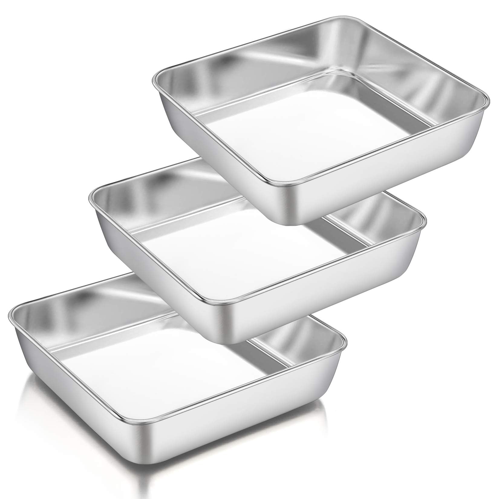 P&P Chef 8 Inch Square Cake Pan Set Of 3, Stainless Steel Deep Baking Pans Lasagna Bread Brownie Pans, One-Piece Construction &