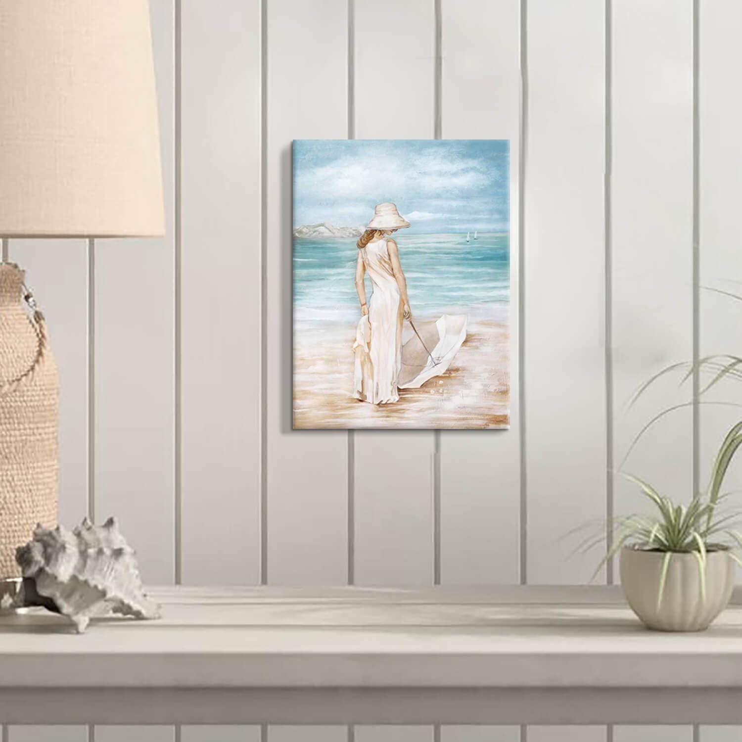 Abstract Beach Artwork Ocean Picture: Modern Women & Umbrella Sea Print Coastal Wall Art On Canvas For Bedroom (16    X 12    X1