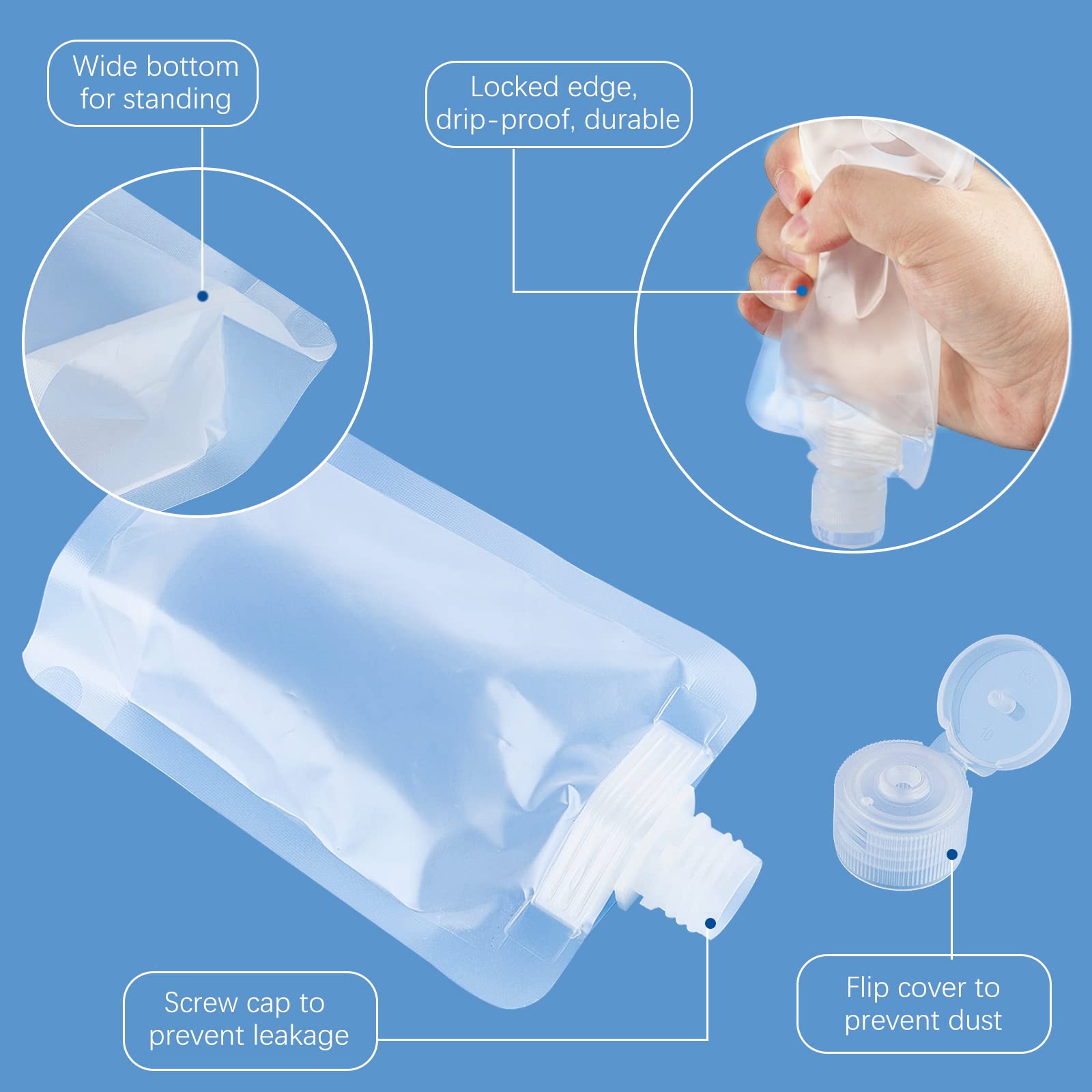 TUZAZO 15pcs Travel Size Refillable Empty Squeeze Pouch TSA Approved for Toiletry  Lotion  Shampoo and Conditioner Squeezable Bags  Leakproof Cosmetic Containers (30ml/50ml/100ml)