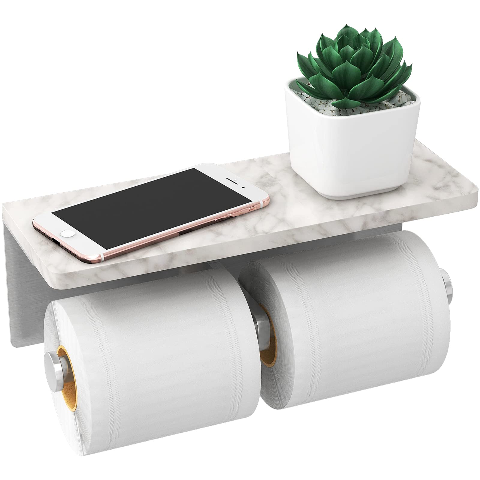 Brushed Nickel Toilet Paper Holder with Shelf, New Upgrade Double Toilet Paper Holder with Storage, Marble Roll Toilet Paper Wal
