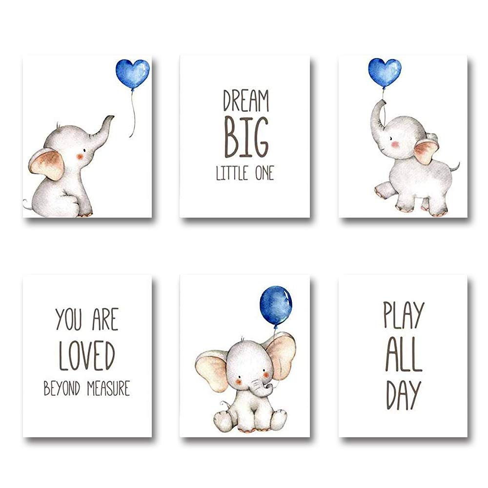 Imagitek Set Of 6 Unframed Baby Boy Nursery Wall Art Prints, Blue Elephant Nursery Wall Decor, Elephants With Blue Balloons Wall