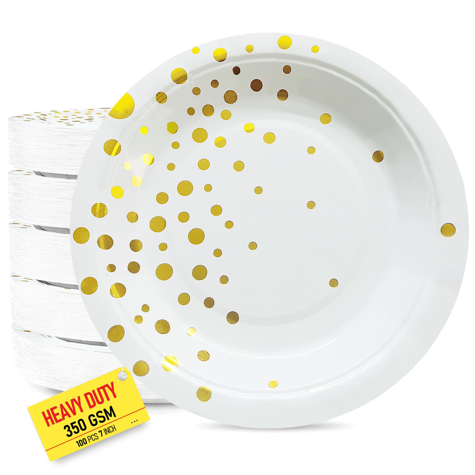 100 PCS Disposable Paper Plates for Party Supplies, White and Gold Dessert/Cake Plates, Heavy Duty Gold Plate for Party, Birthda