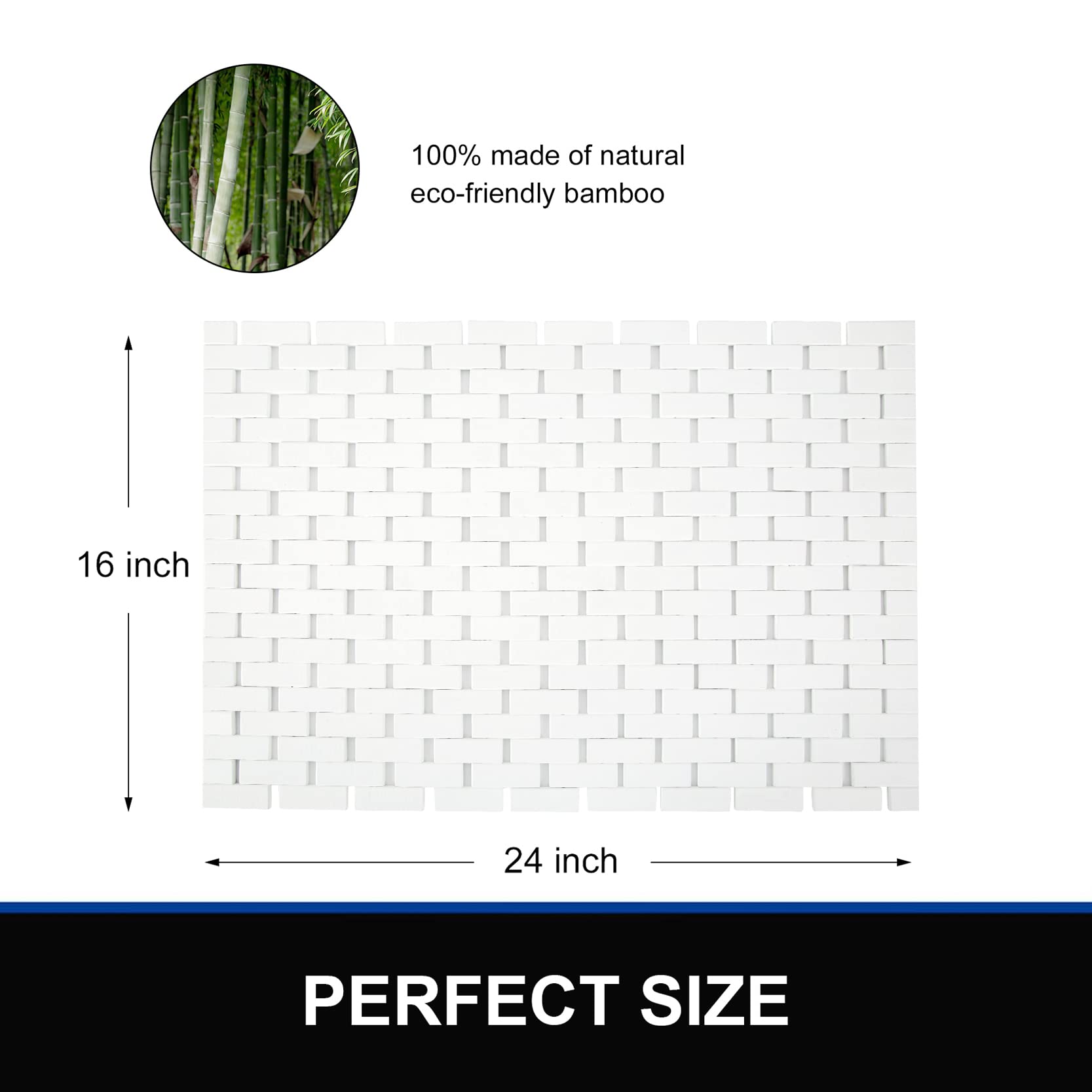 Bamboo Bath Mat Bathroom Rugs Floor Wood Shower Bathtub Waterproof Non Slip White Accessories 16X24 Inch Easy To Clean, 2 Pcs