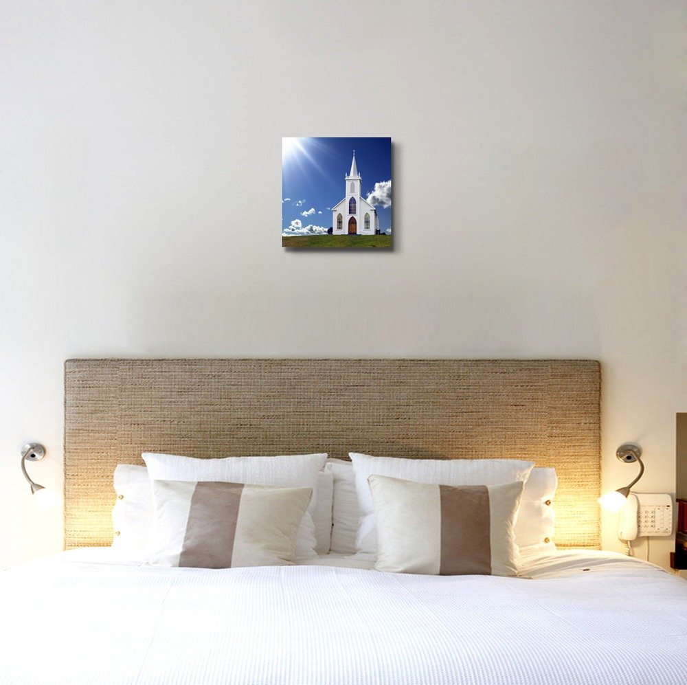 Beautiful Landscape Scenery Sun Rays Shining Down On A Small Christian Church On A Hill - Canvas Art Wall Art - 16'' X 16''