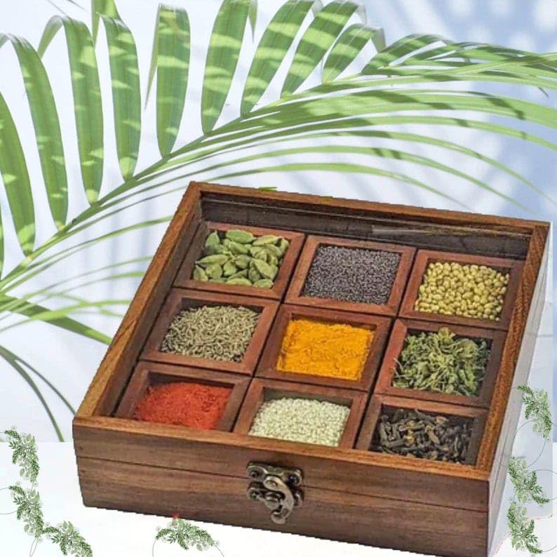 Umaas Spice Box For Kitchen With 2 Spoons/Sheesham Wooden Table Top Masala Dabba 9 Containers Jars & Kitchen Spice Box/Masala Bo