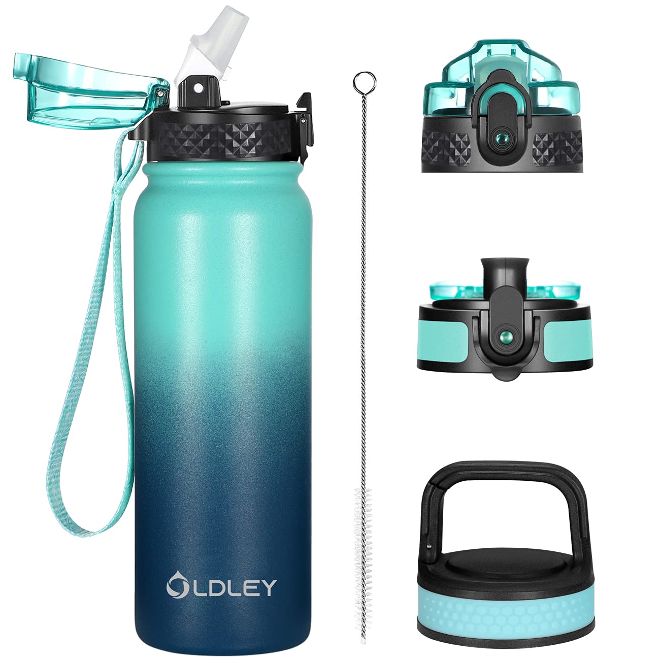 Oldley Insulated Water Bottle 20Oz For Adults Kids Stainless Steel Water Bottles With Straw/Chug/Carabiner 3 Lids Fruit Strainer