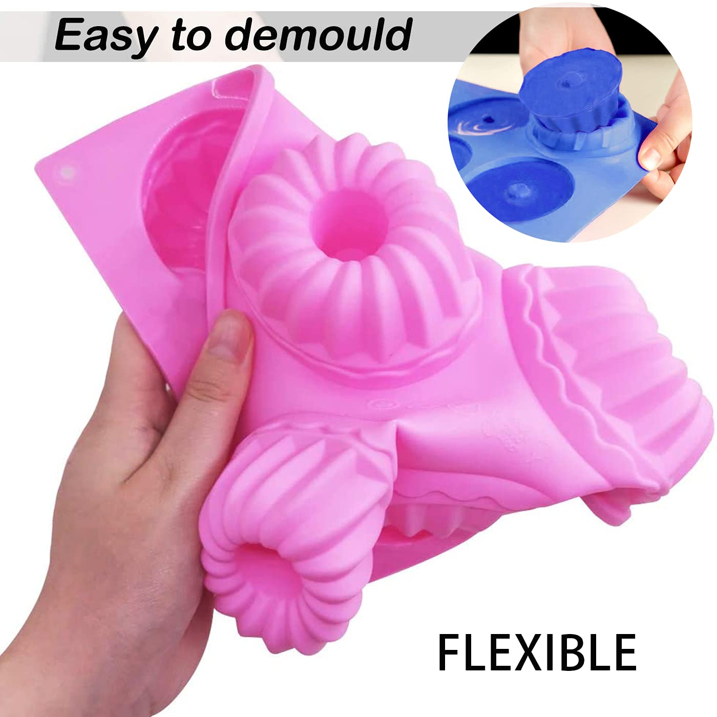 SAGOOITS Silicone Mini Bundt Cake Pans - 6-Cavity, Non-stick Baking Mold, 2 Packs (Pink & Blue) for Cupcakes, Donuts, Brownies