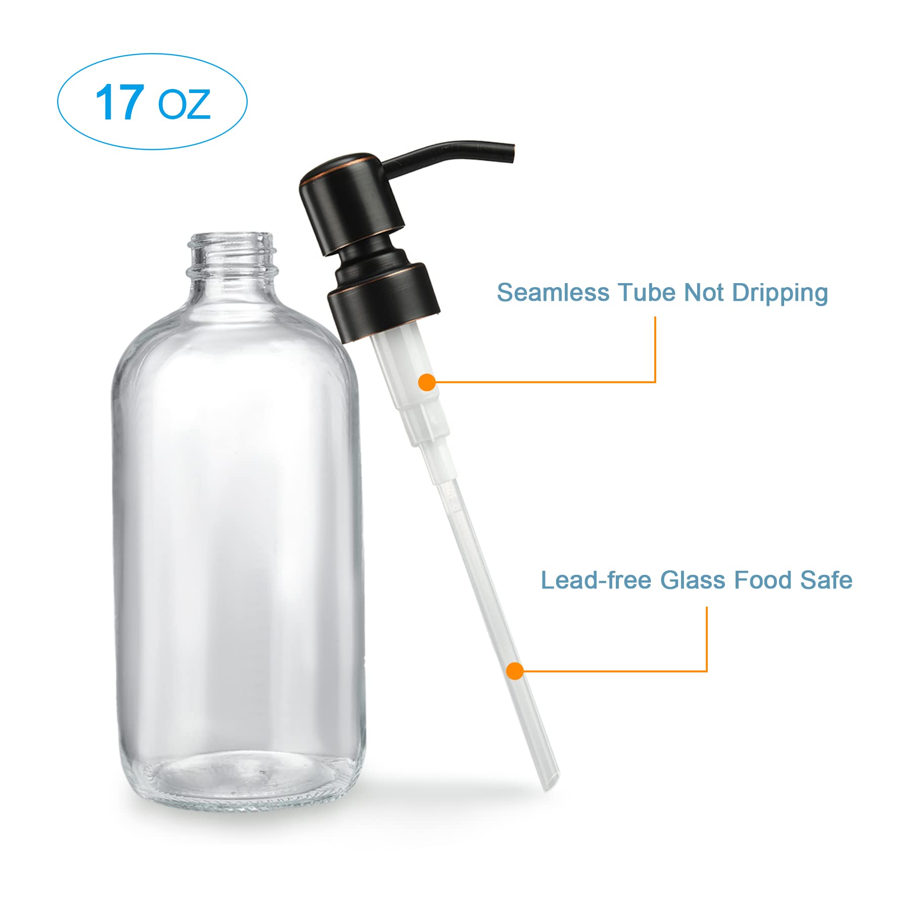 Amazerbath Glass Soap Dispenser, 2-Pack Clear Glass Soap Dispenser With Pump Bronze Rustproof, 17 Oz Bathroom Hand Soap Dispense