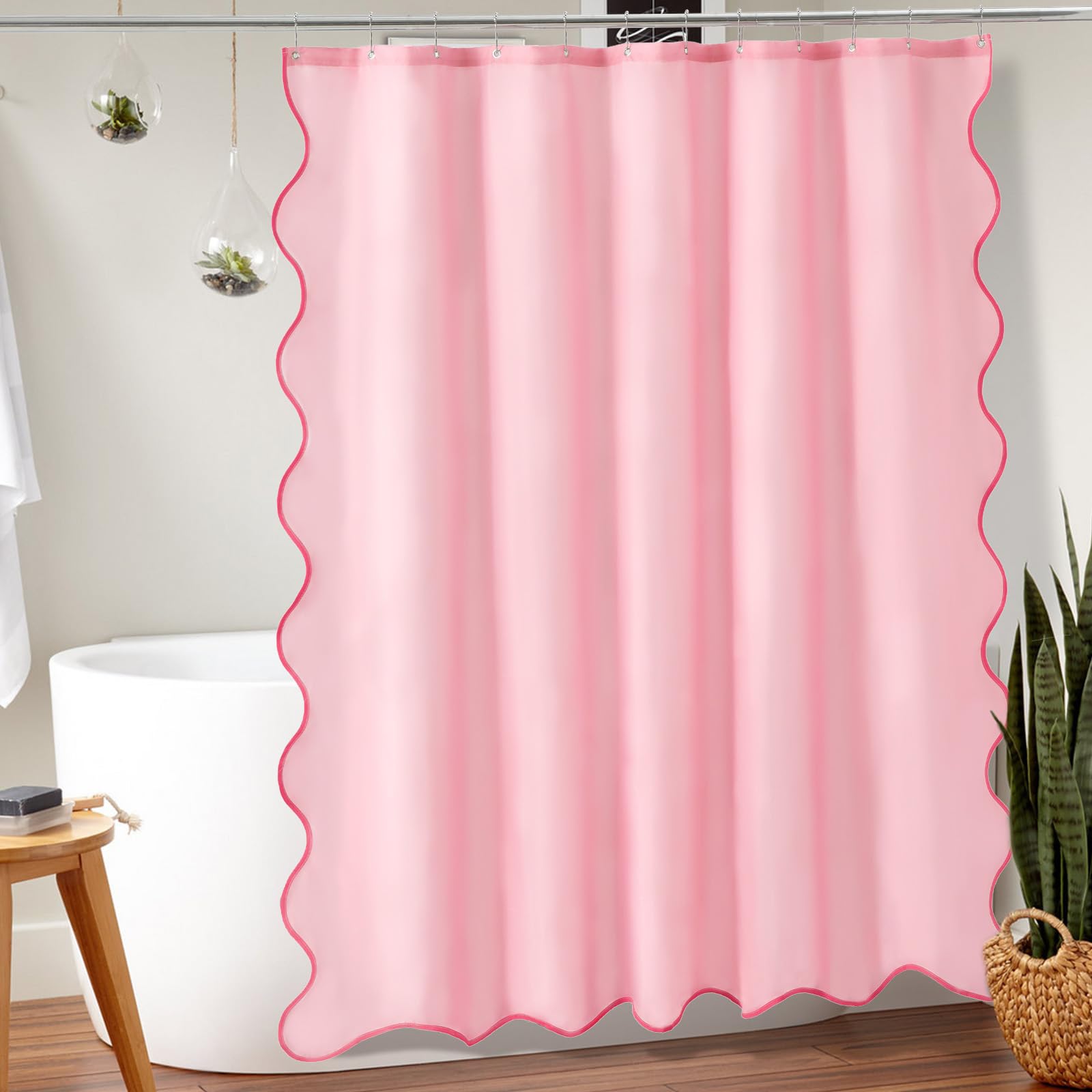 Ortigia Pink Cute Scalloped Shower Curtain 72 W X 84 H Inch, Cute Boho Preppy Shower Curtains Aesthetic Waterproof Fabric Shabby