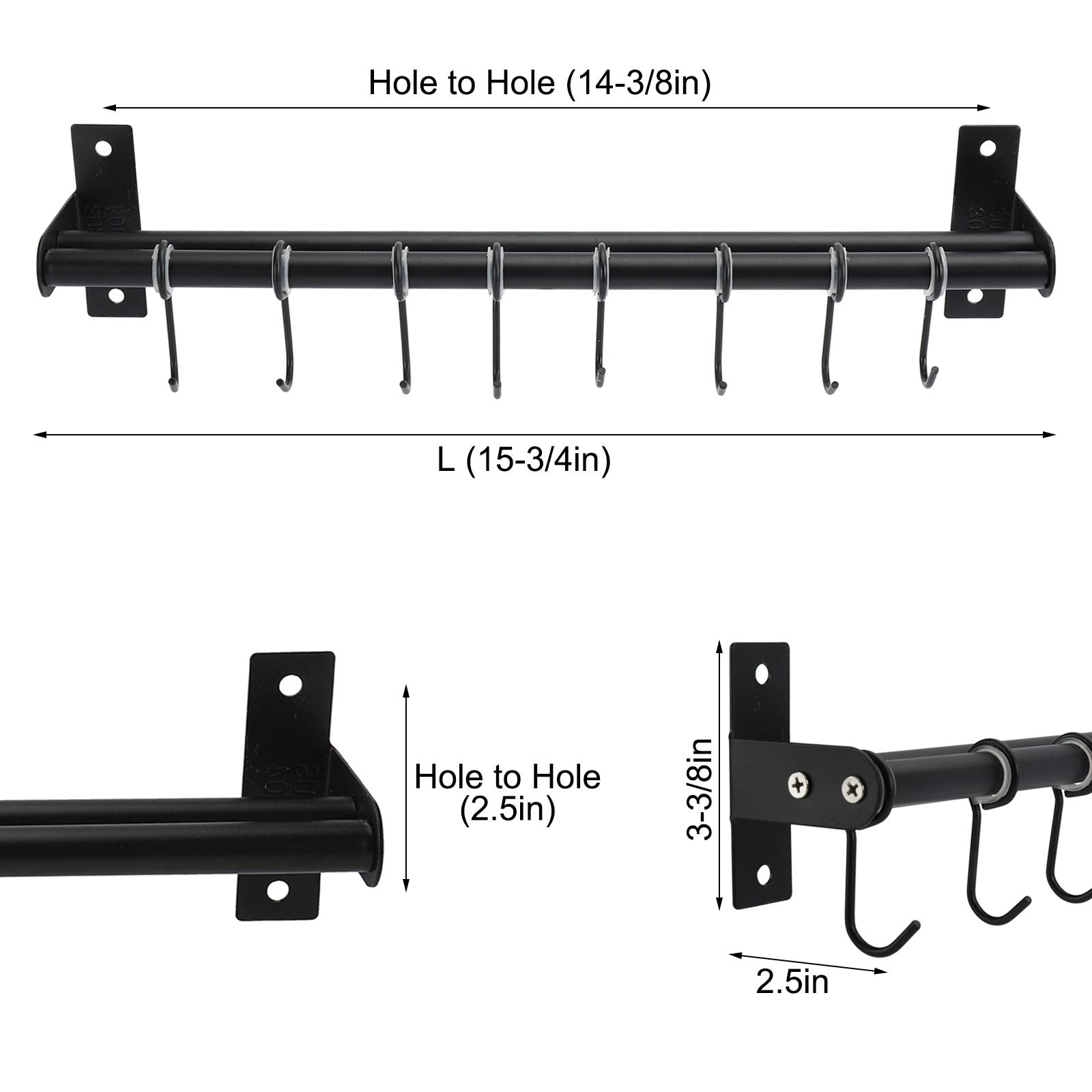 Patioer Pot Rack, Pots And Pans Hanging Rack Rail With 8 Hooks, Double Bars, Pot Hangers For Kitchen, Wall Mounted, Black, 2 Pac
