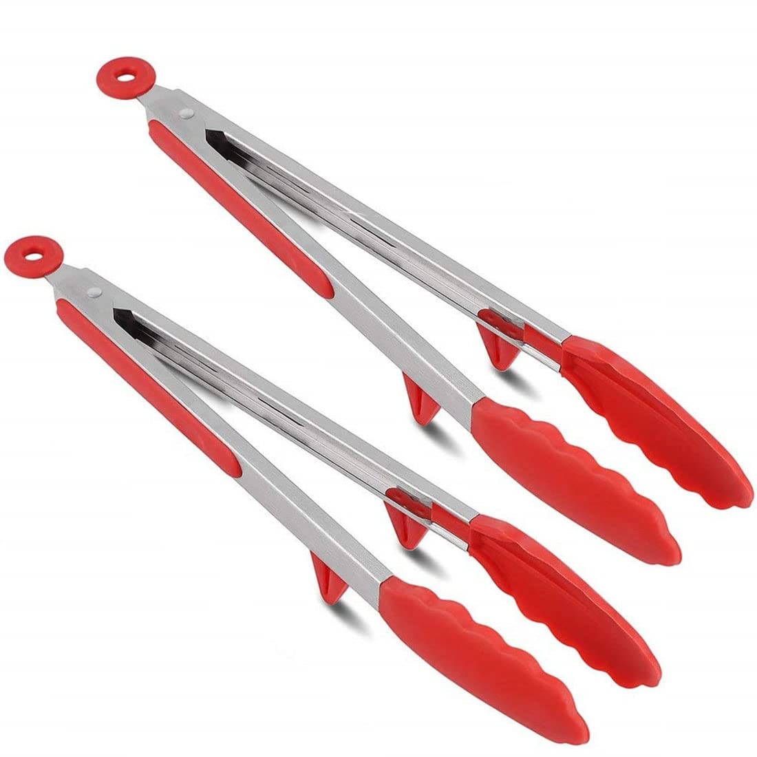 Fs Cool Stainless Steel Cooking Tong With Silicone Tip And Locking Clip (12 Inch) (Pack Of 2, Red)