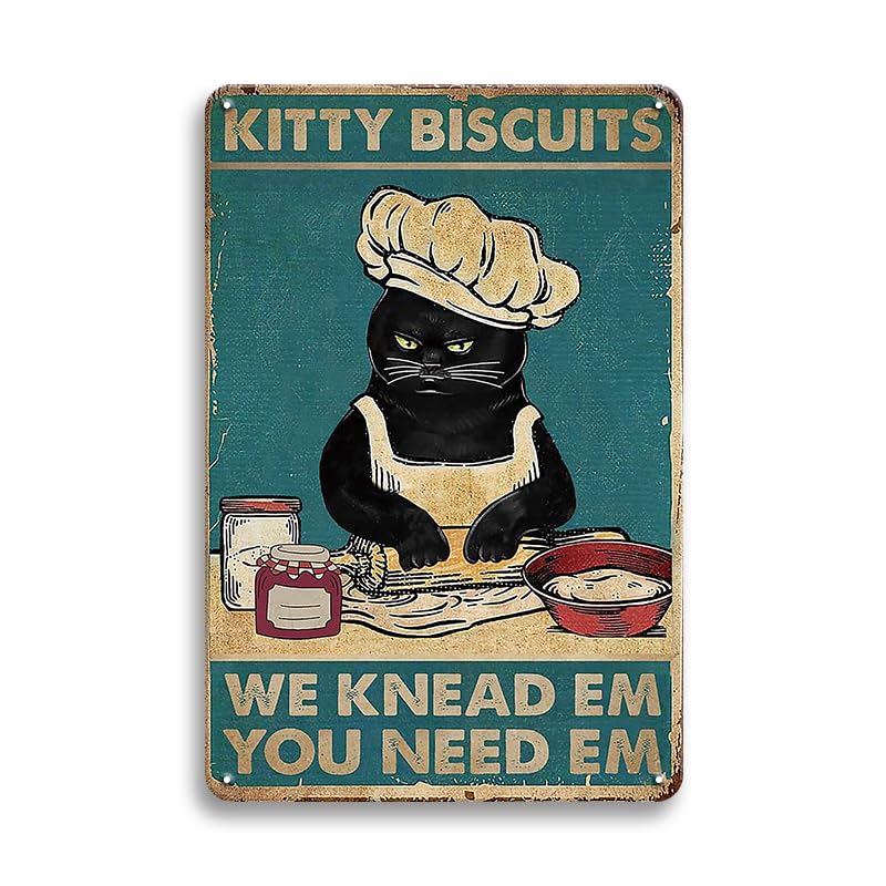 Black Cat Decor Vintage Kitchen Decor Cat Poster Metal Tin Sign - Kitty Biscuits We Knead Em You Need Em Funny Kitchen Signs - C