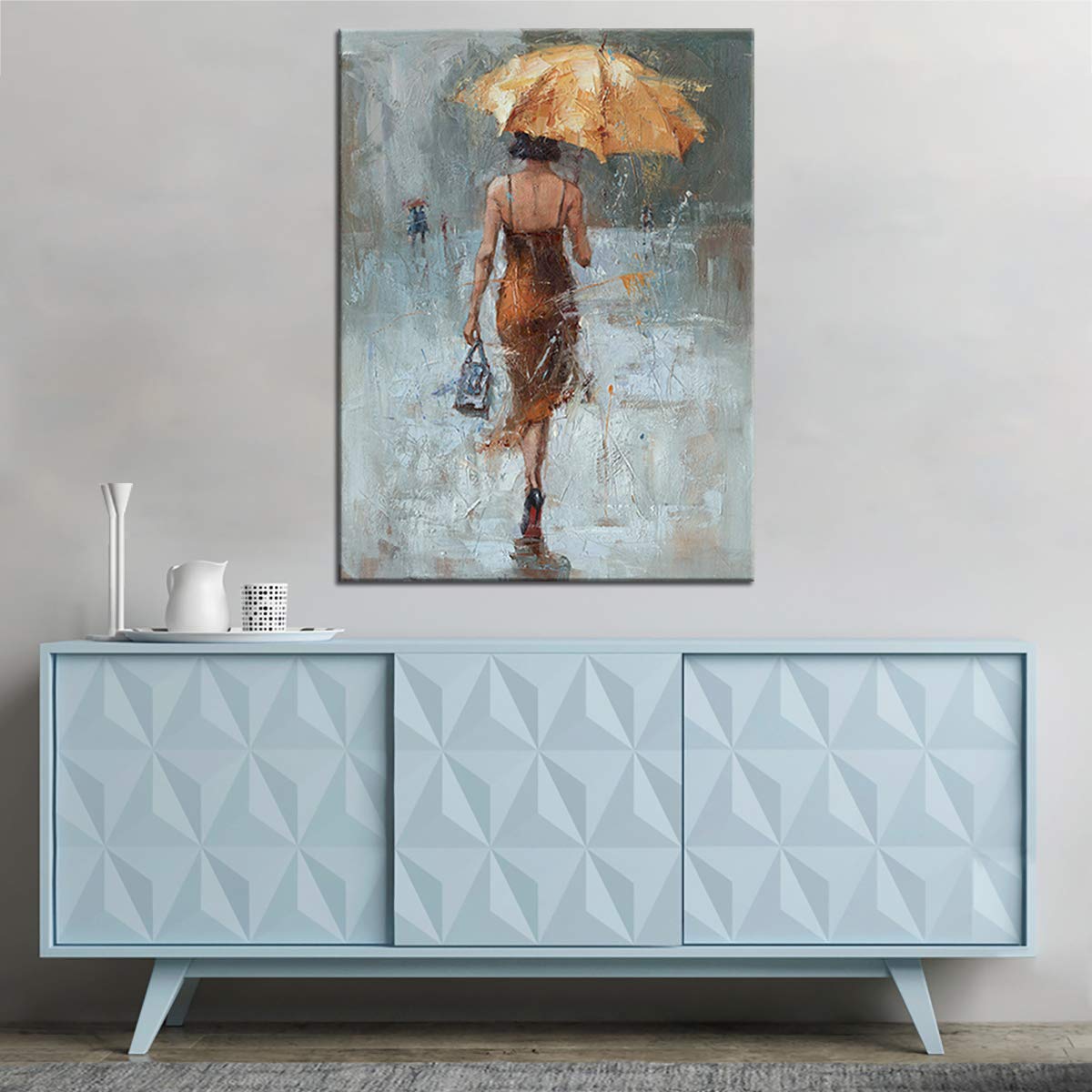 Canvas Wall Art Girl Umbrella With Khaki Dress Walking In Street Rain Modern Painting Abstract Artwork For Office Home Decor