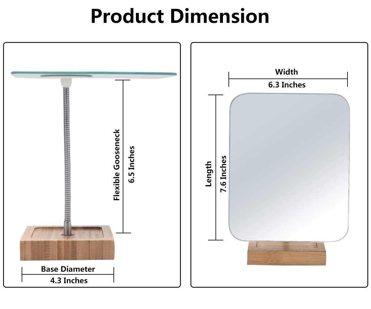 Yeake Flexible Gooseneck Bamboo Vanity Makeup Mirror,360Rotation 8'' Large Frameless, Folding Portable Table Desk Mirror With St