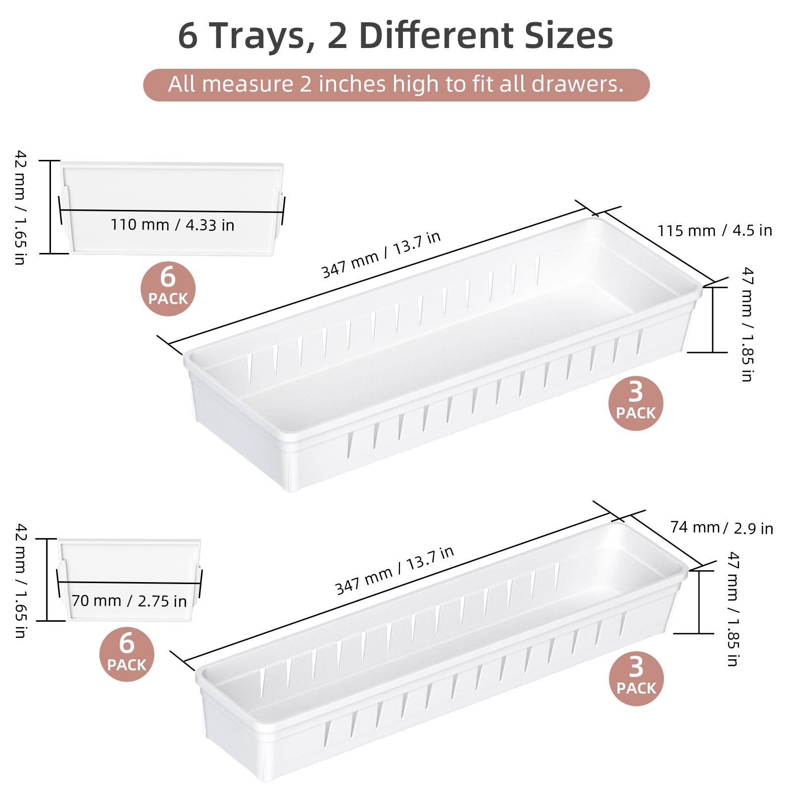 Pluspace 6 PCS Drawer Organizer Set, Bathroom Vanity Drawer Organizer Trays with Dividers Adjustable, Versatile Storage Bins for