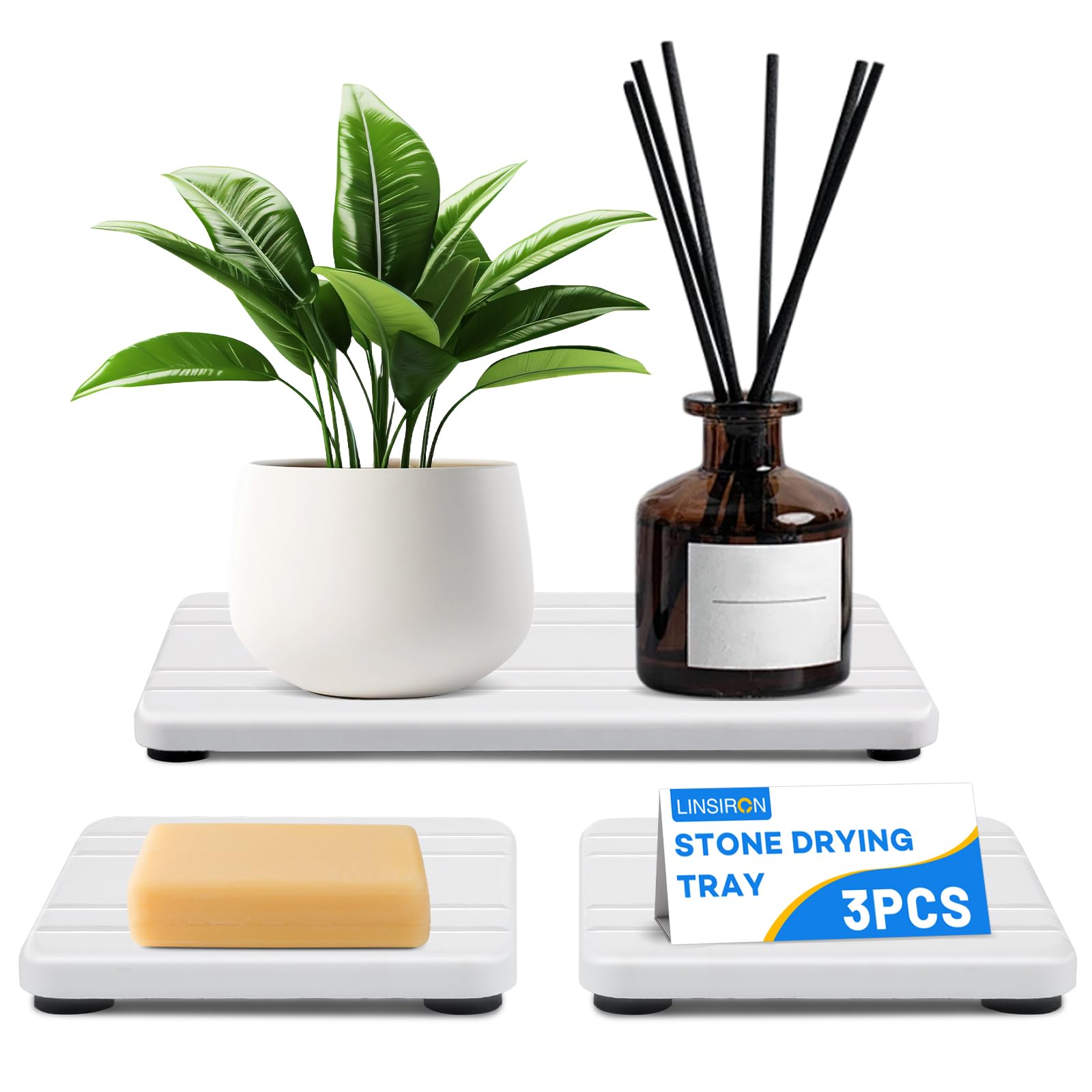 LINSIRON 3PCS Stone Drying Tray,Water Absorbing Stone Tray,Countertop Fast Drying Counter Trays,Diatomite Trays, 3.94x7.87 Inch 